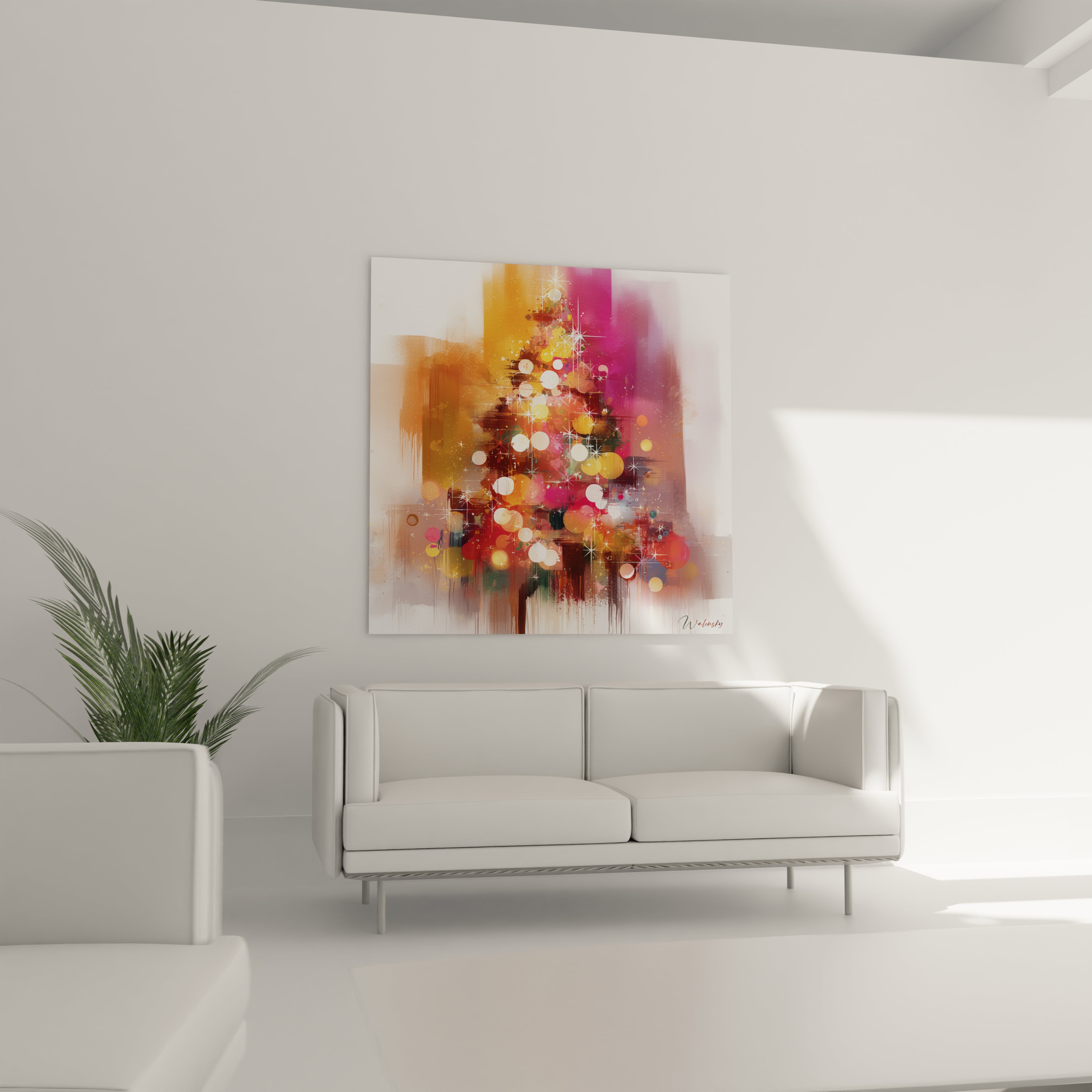 Tableau sapin de Noël moderne de Walensky avec des couleurs vives et des lumières festives