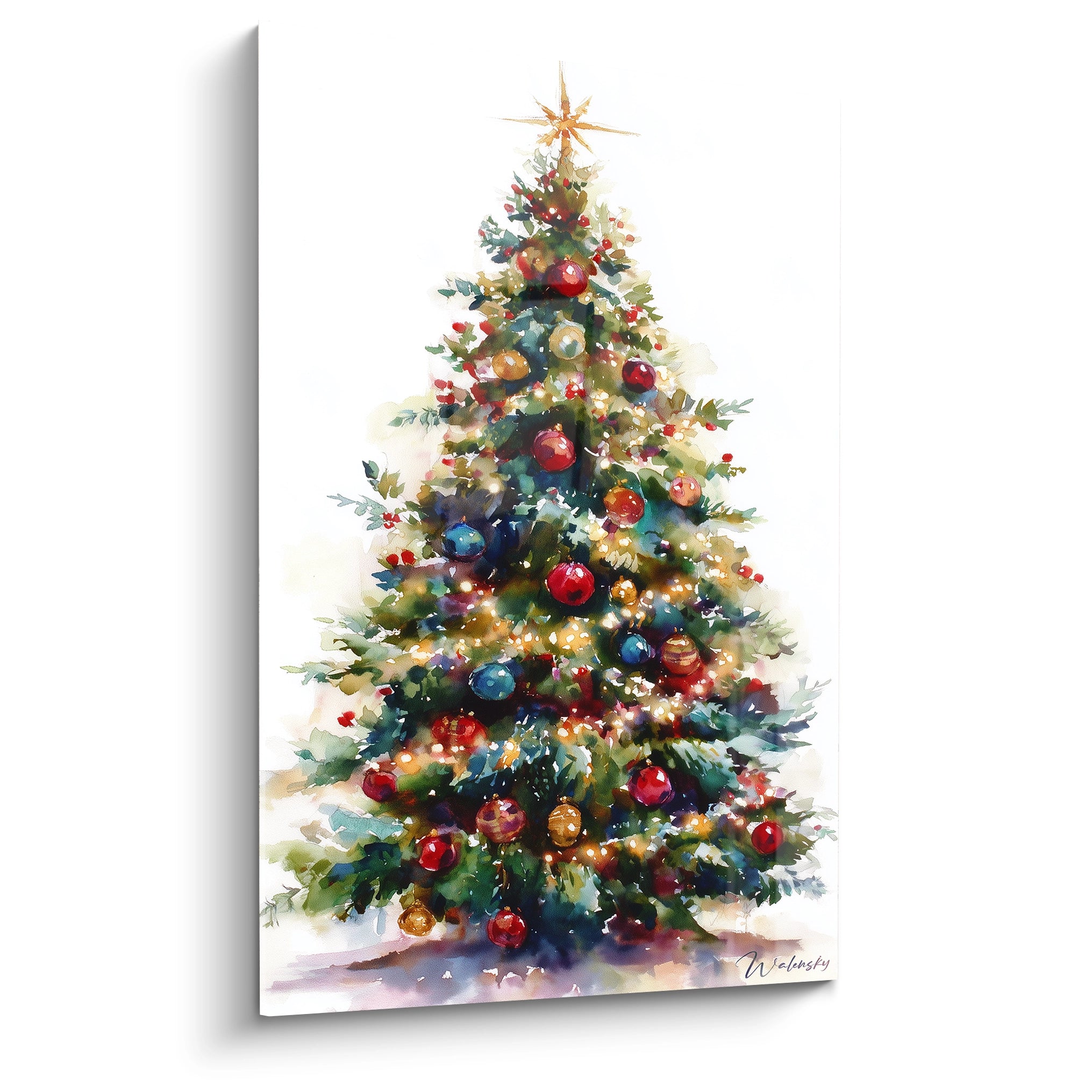 Tableau sapin de Noël mural coloré avec décorations lumineuses et étoile au sommet