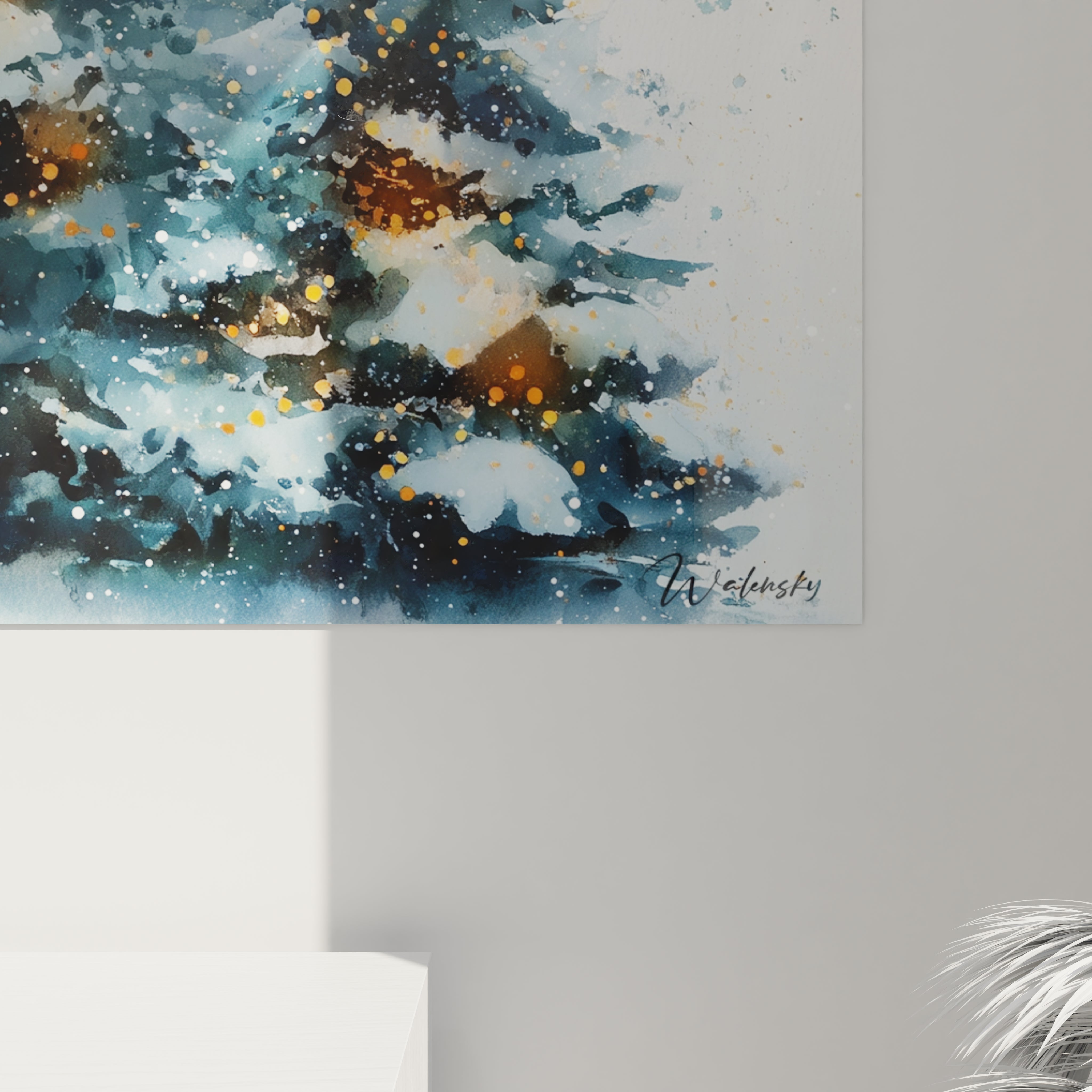 Tableau mural représentant un sapin de Noël dans des tons bleus et dorés, design moderne de Walensky
