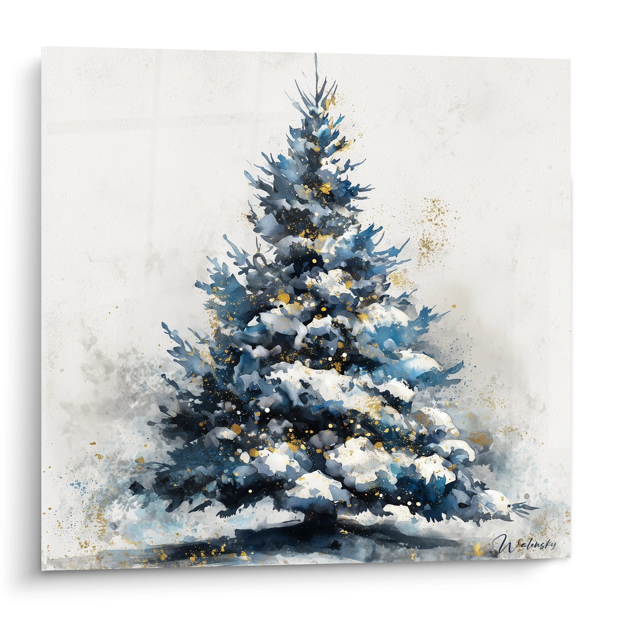 Tableau mural sapin de Noël avec un sapin enneigé et des éclats dorés pour une décoration festive