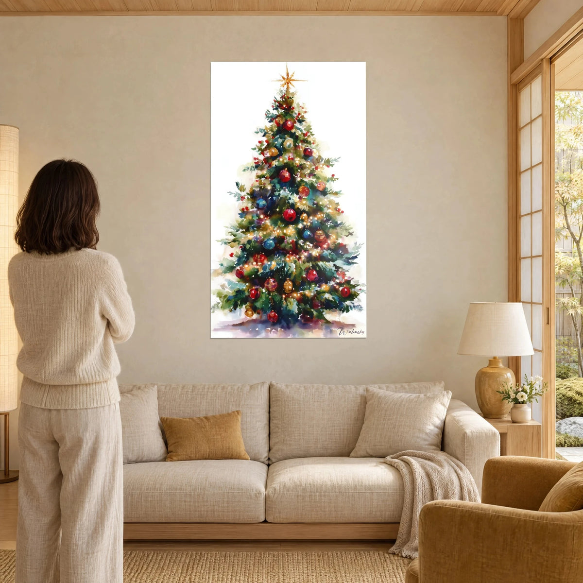 Wall art sparkling Christmas tree with red and gold baubles, amber star on top, above a sofa in a bright living room