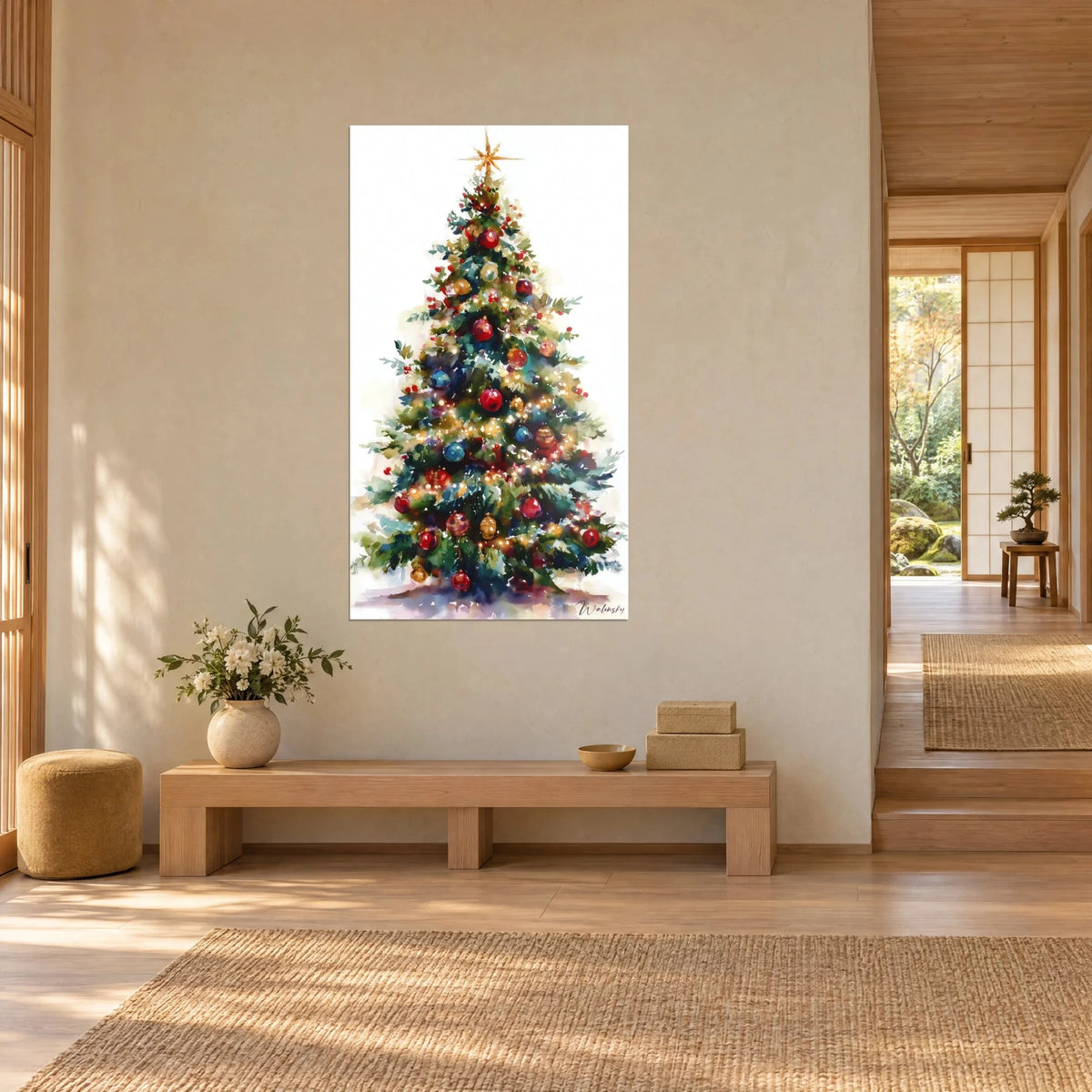 Wall art watercolour decorated conifer, fir-green branches and vivid red baubles, gold garlands, beside a light wood bench