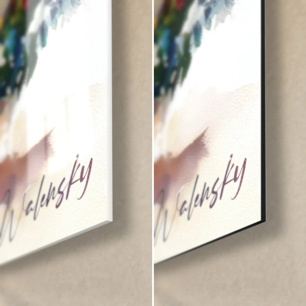 Wall art decorated spruce, bottom right corner: glossy acrylic glass on the left, matte black Dibond aluminium on the right, purple Walensky signature