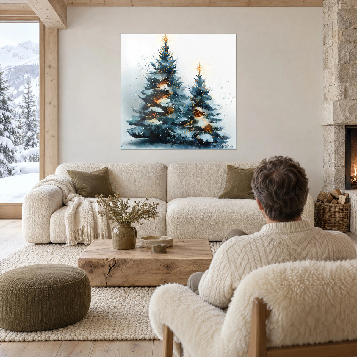 Tableau sapin enneigé en aquarelle bleu pétrole, guirlandes orange, personne de dos, au-dessus d'un canapé dans un salon lumineux