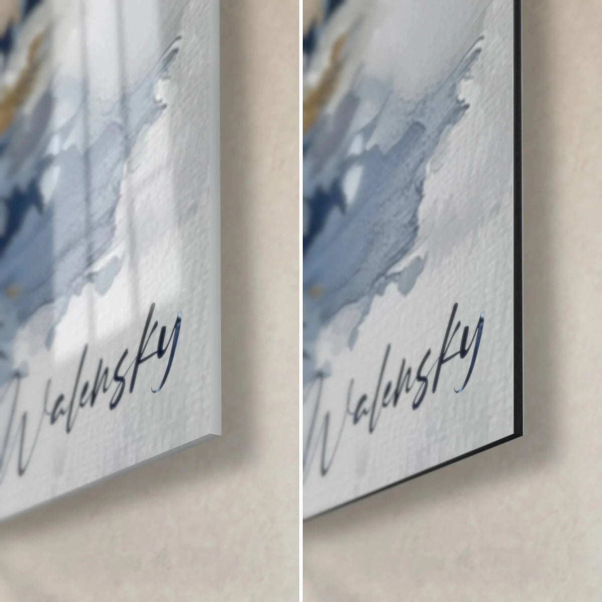 Wall art snow-dusted conifer, bottom right corner: glossy glass with reflections, matte black Dibond aluminium, Walensky signature