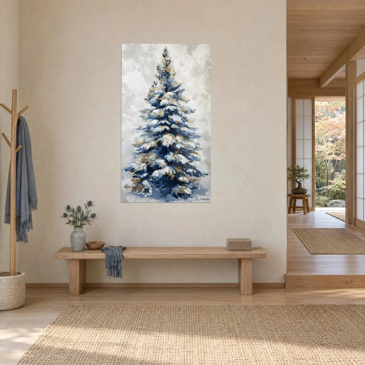Wall art spruce covered in white snow, midnight blue and gold touches, beige wall, light wood bench and japandi entryway
