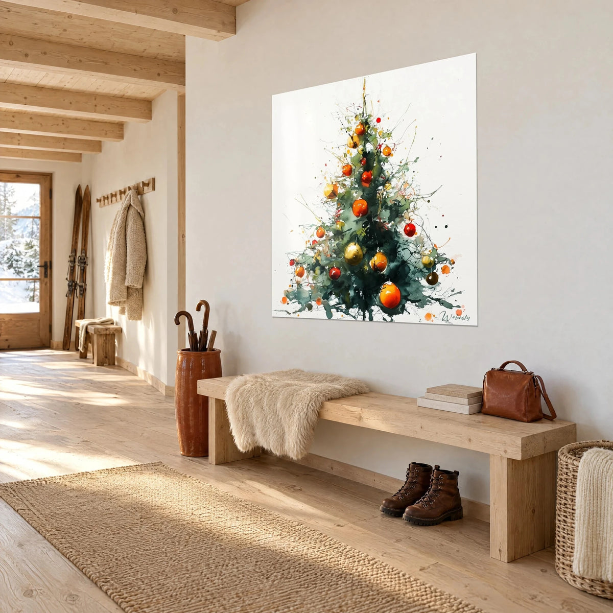 Wall art festive conifer with black splashes, gold and red baubles on an ivory background, hung in an entrance with light wood