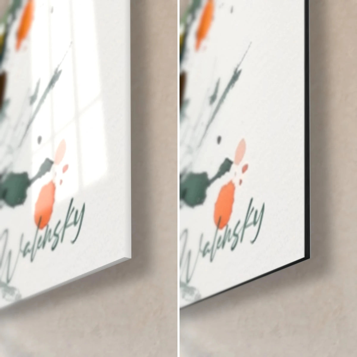Wall art watercolor fir tree, bottom right corner: glossy acrylic glass on the left, matte black Dibond aluminium on the right, 3 mm edge