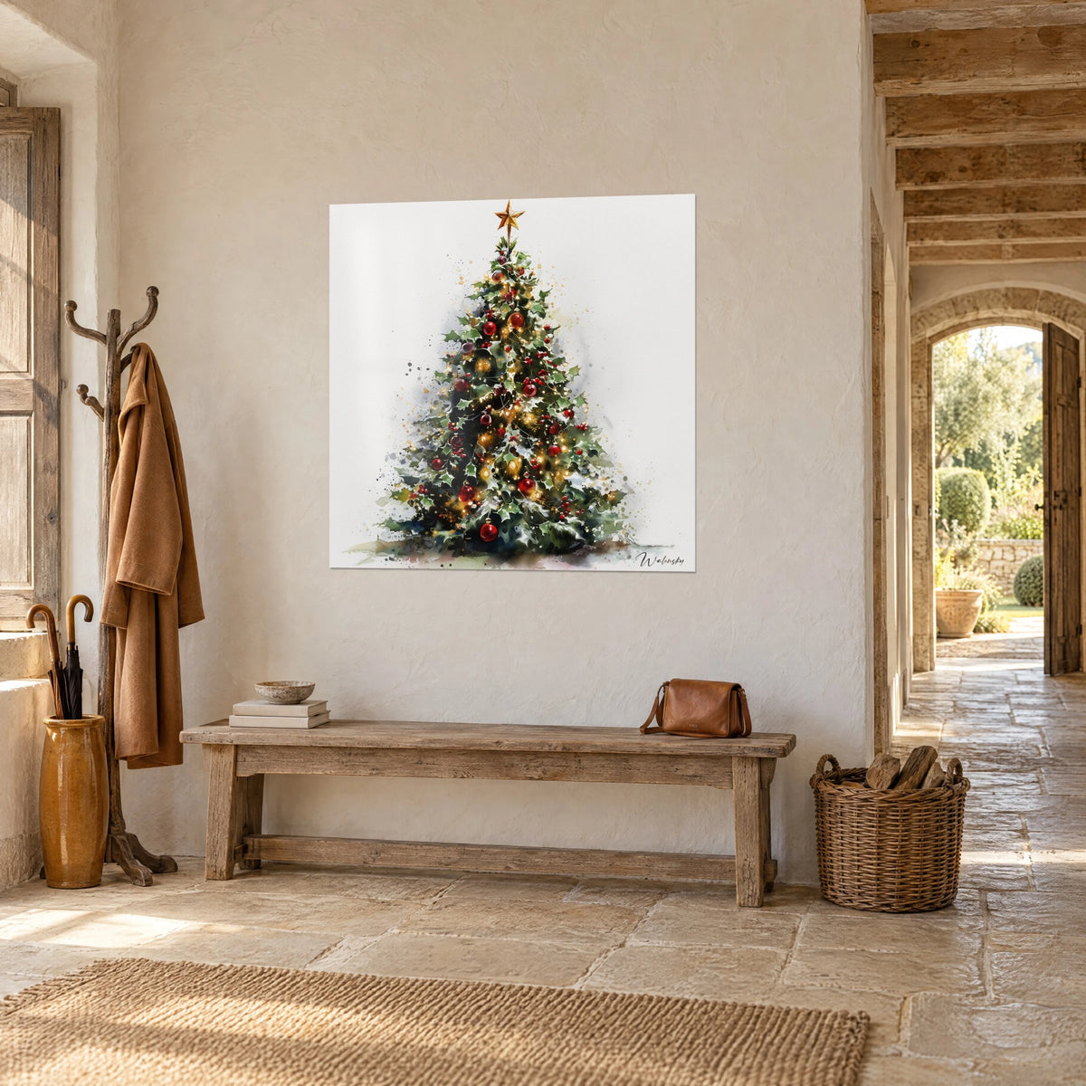 Wall art spruce decorated with a golden star, dark green holly and red berries, on a whitewashed stone entrance wall, three-quarter view