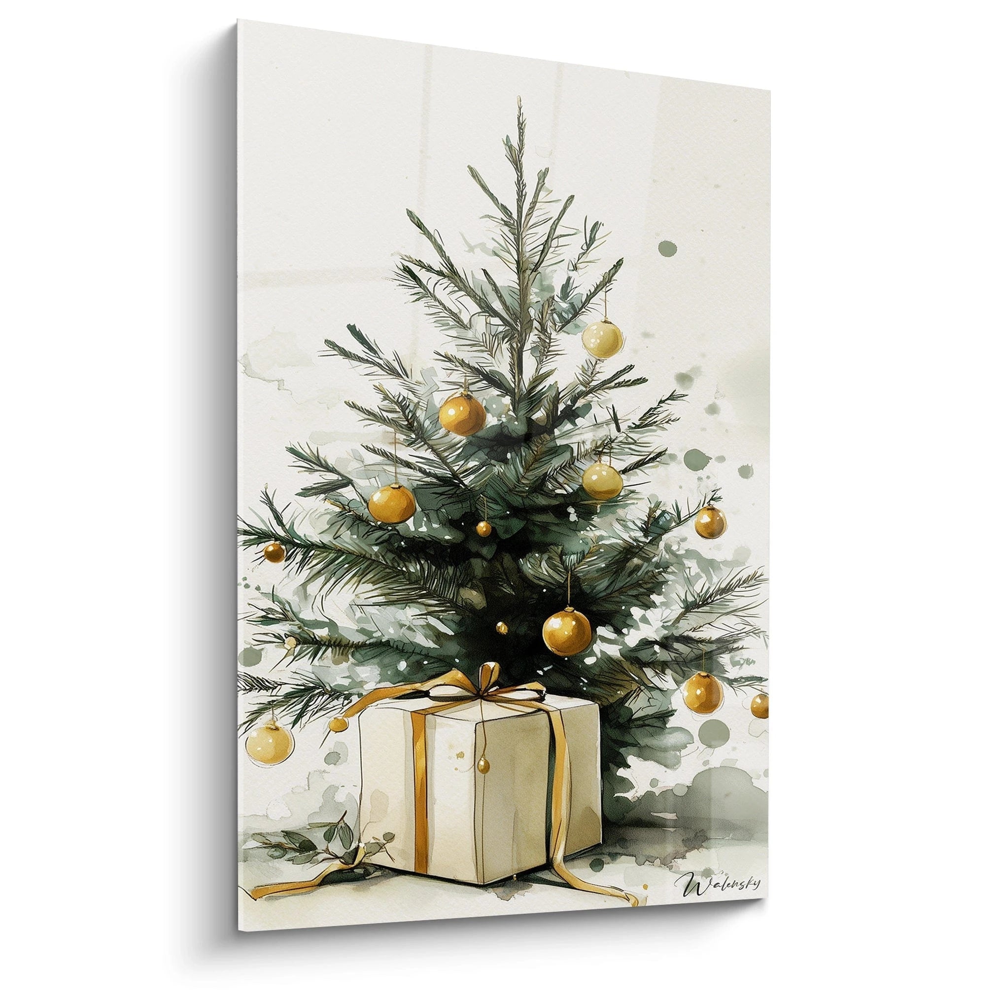 Tableau sapin de Noël or avec un cadeau décoré pour une ambiance festive