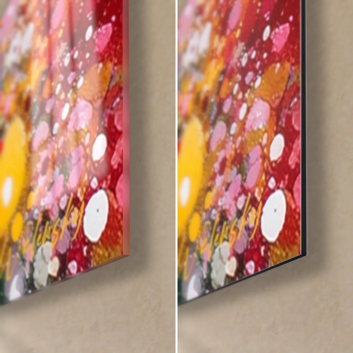 Wall art fir tree in pink and yellow paint blobs, bottom right corner: glossy acrylic glass with reflections on the left, matte black Dibond on the right