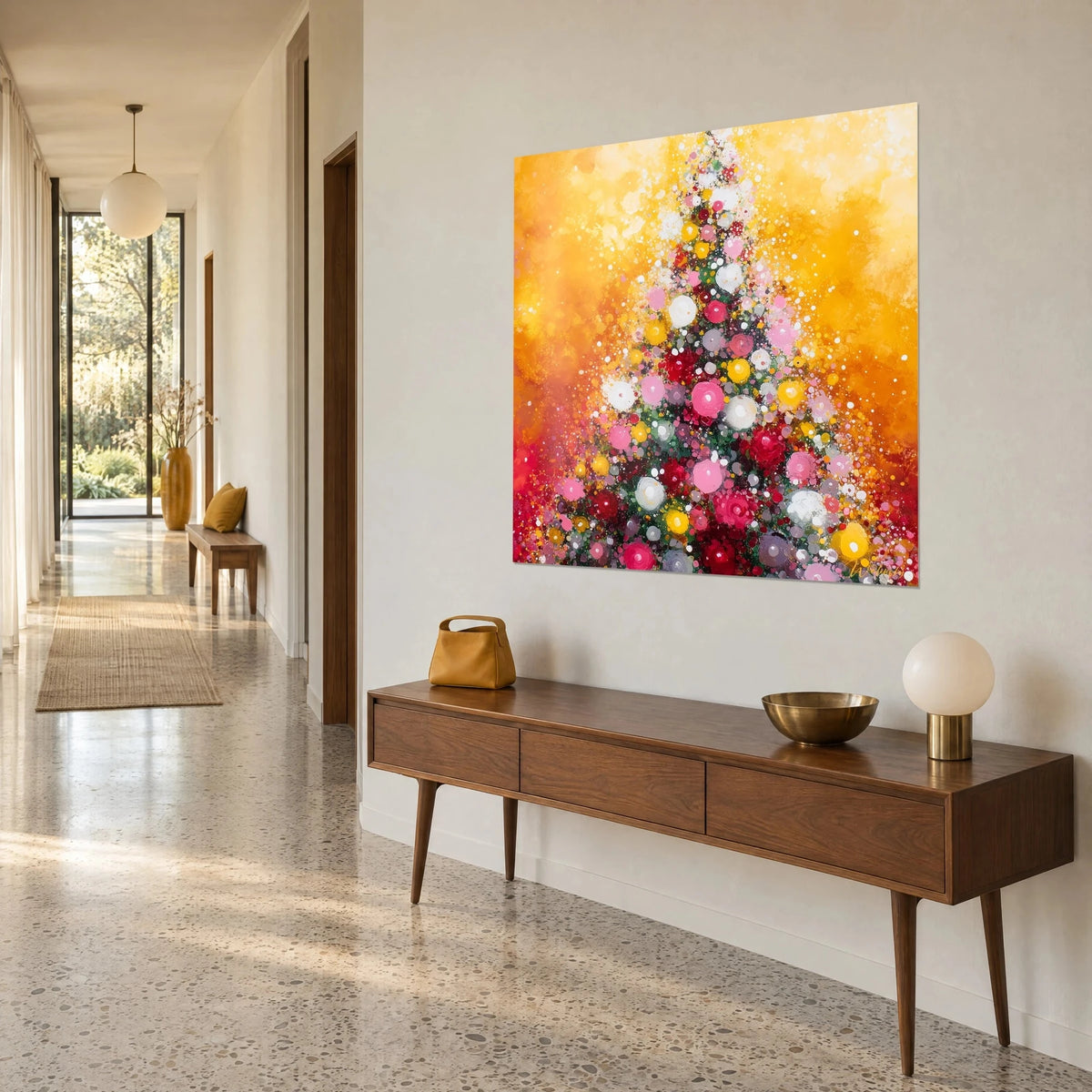 Wall art conifer dotted with carmine and white glittering baubles, saffron yellow background, light wall and wooden console, three-quarter view in a hallway