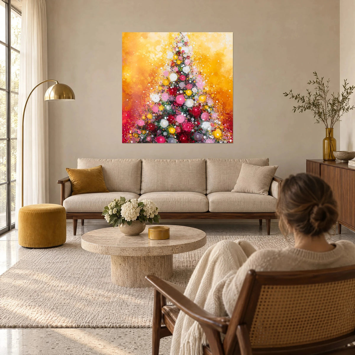 Wall art Christmas tree in pink and red brushstrokes on golden ochre background, a woman seen from behind, above a sofa in a bright living room