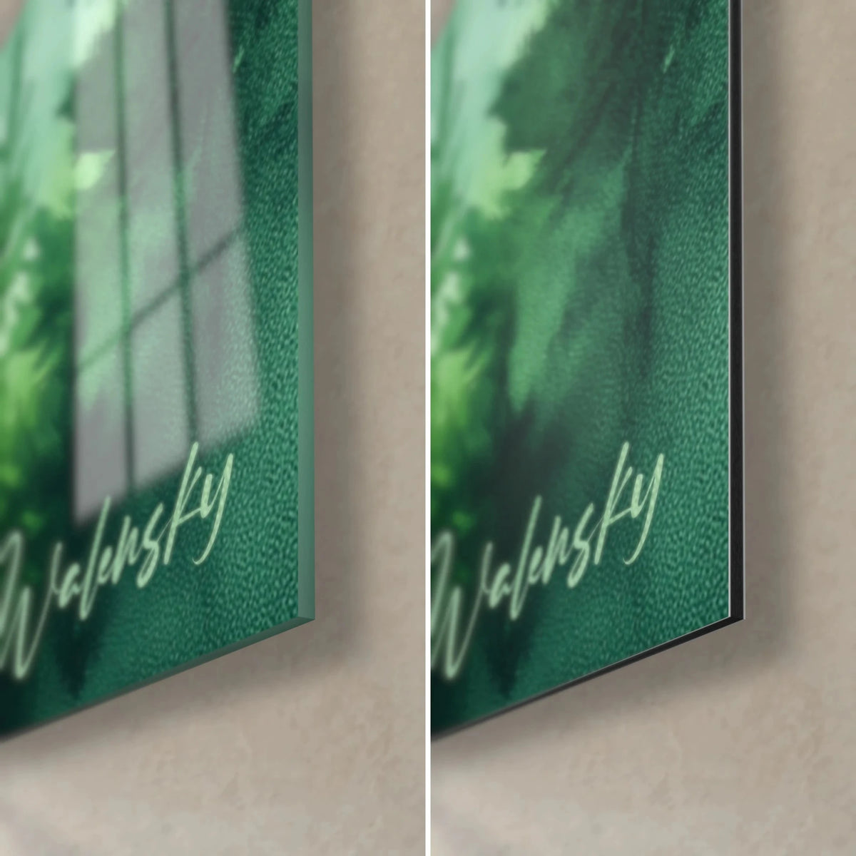 Tableau sapins à l'aquarelle, coin bas droit : verre acrylique brillant vert forêt à gauche, Dibond noir mat à droite, tranche de 3 mm