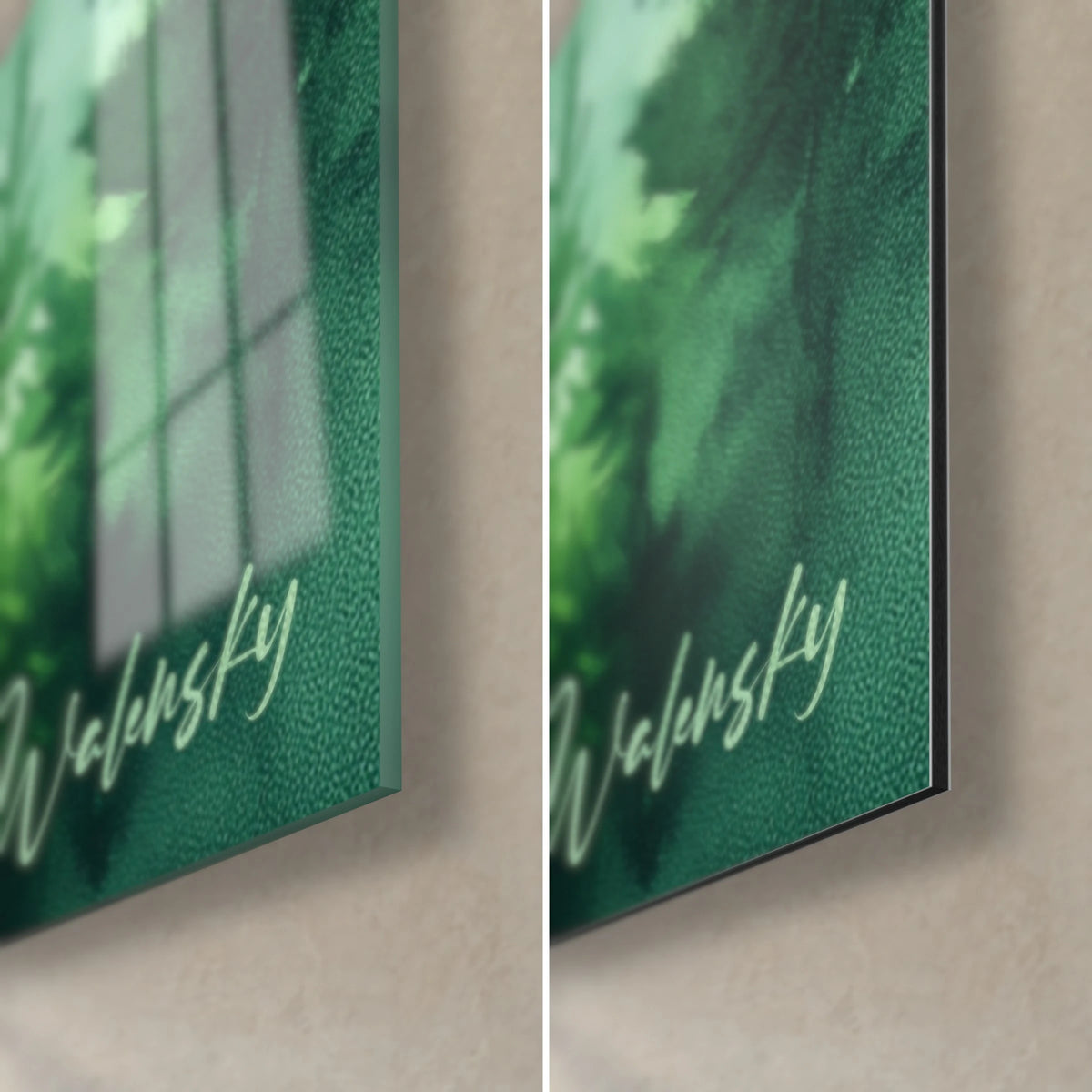 Wall art watercolour fir trees, bottom right corner: glossy forest green acrylic glass on the left, matt black Dibond on the right, 3 mm edge