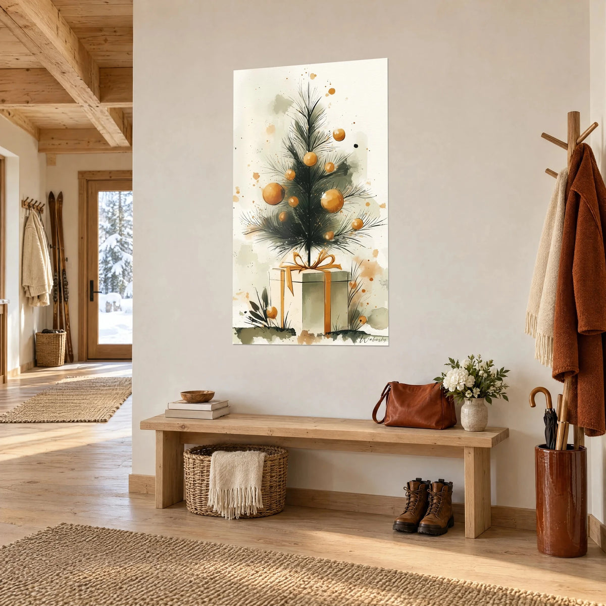 Tableau aquarelle de conifère aux branches d'encre noire et boules ambrées, paquet vert sauge, accroché dans une entrée de chalet