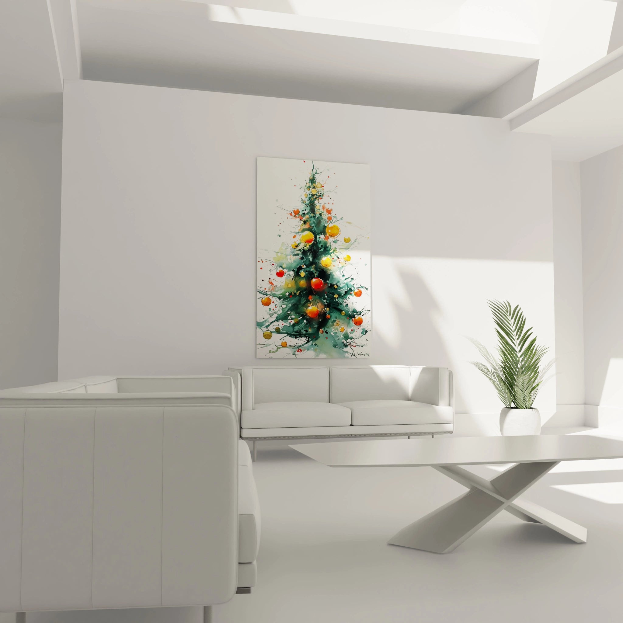 Tableau mural sapin de Noël moderne avec couleurs vives et décorations festives
