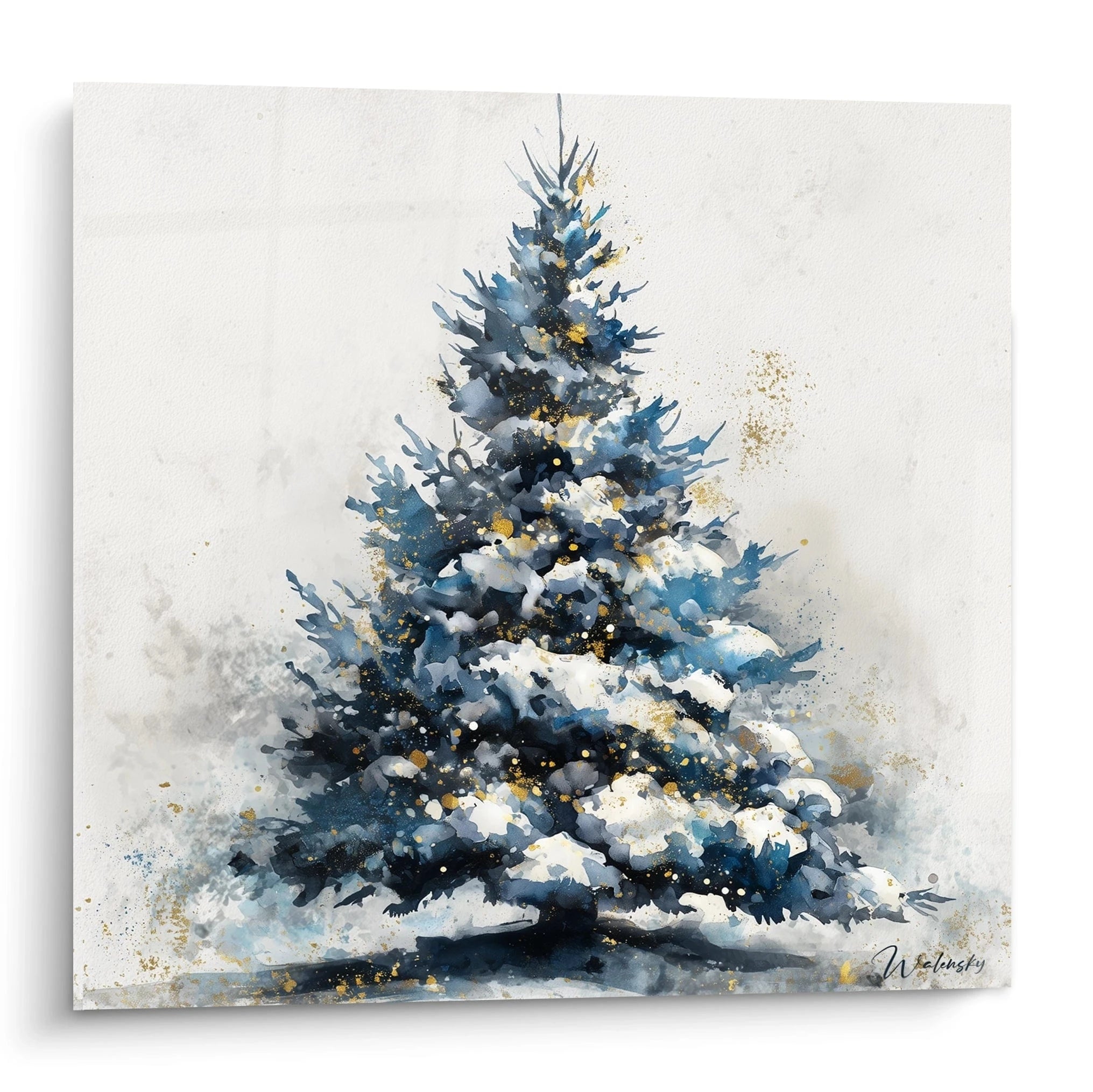 Tableau mural sapin de Noël avec un sapin enneigé et des éclats dorés pour une décoration festive