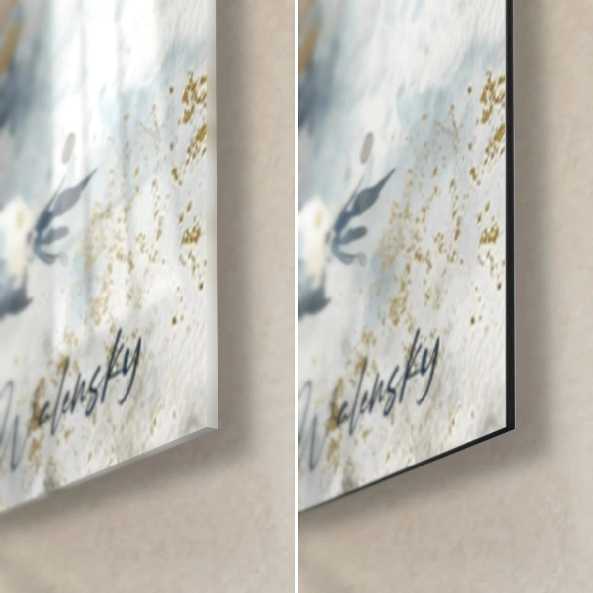 Wall art watercolor Christmas fir, bottom right corner: glossy acrylic glass on the left, matte black Dibond aluminum on the right, 3 mm edge
