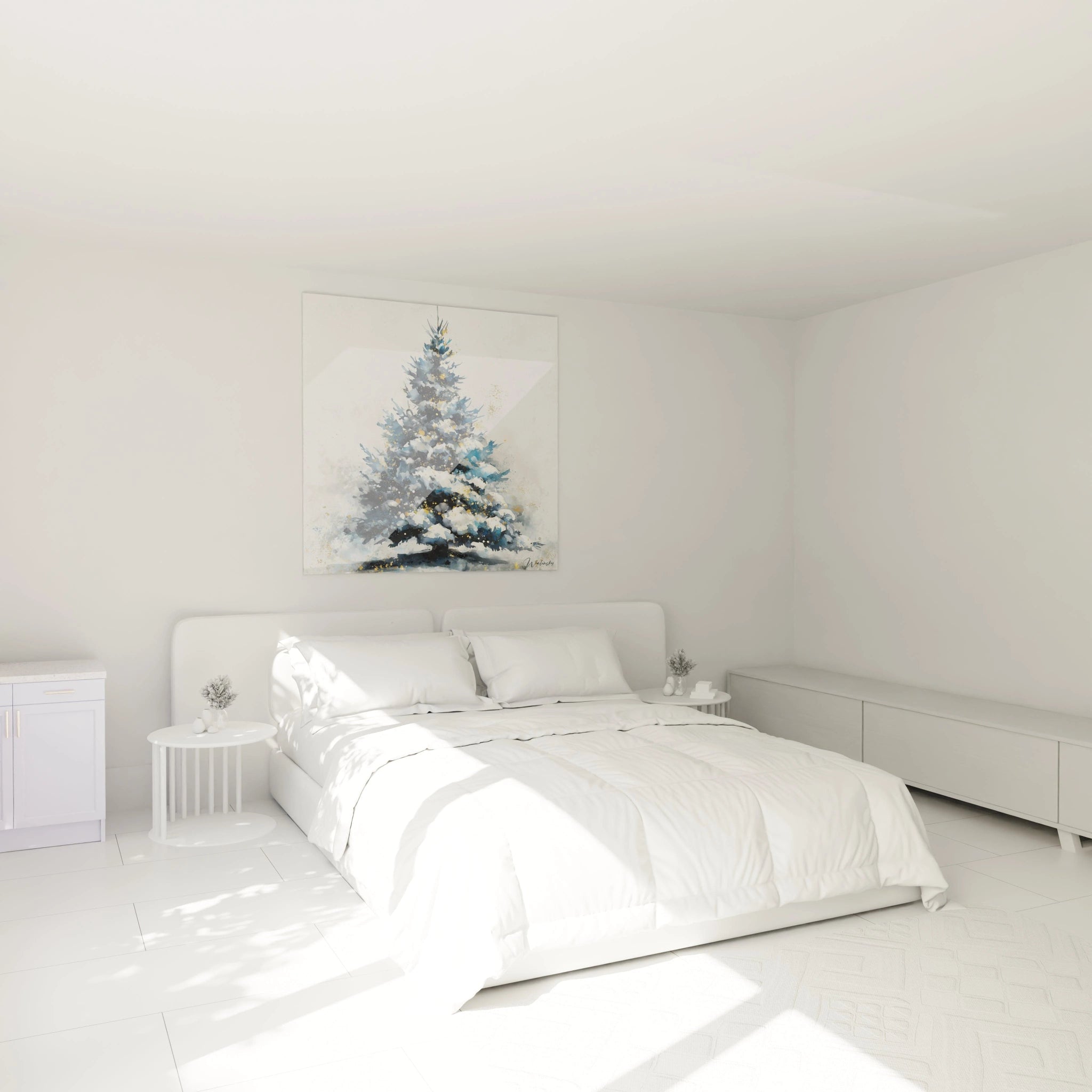 Tableau mural sapin de Noël dans une chambre moderne avec un lit blanc et une décoration minimaliste