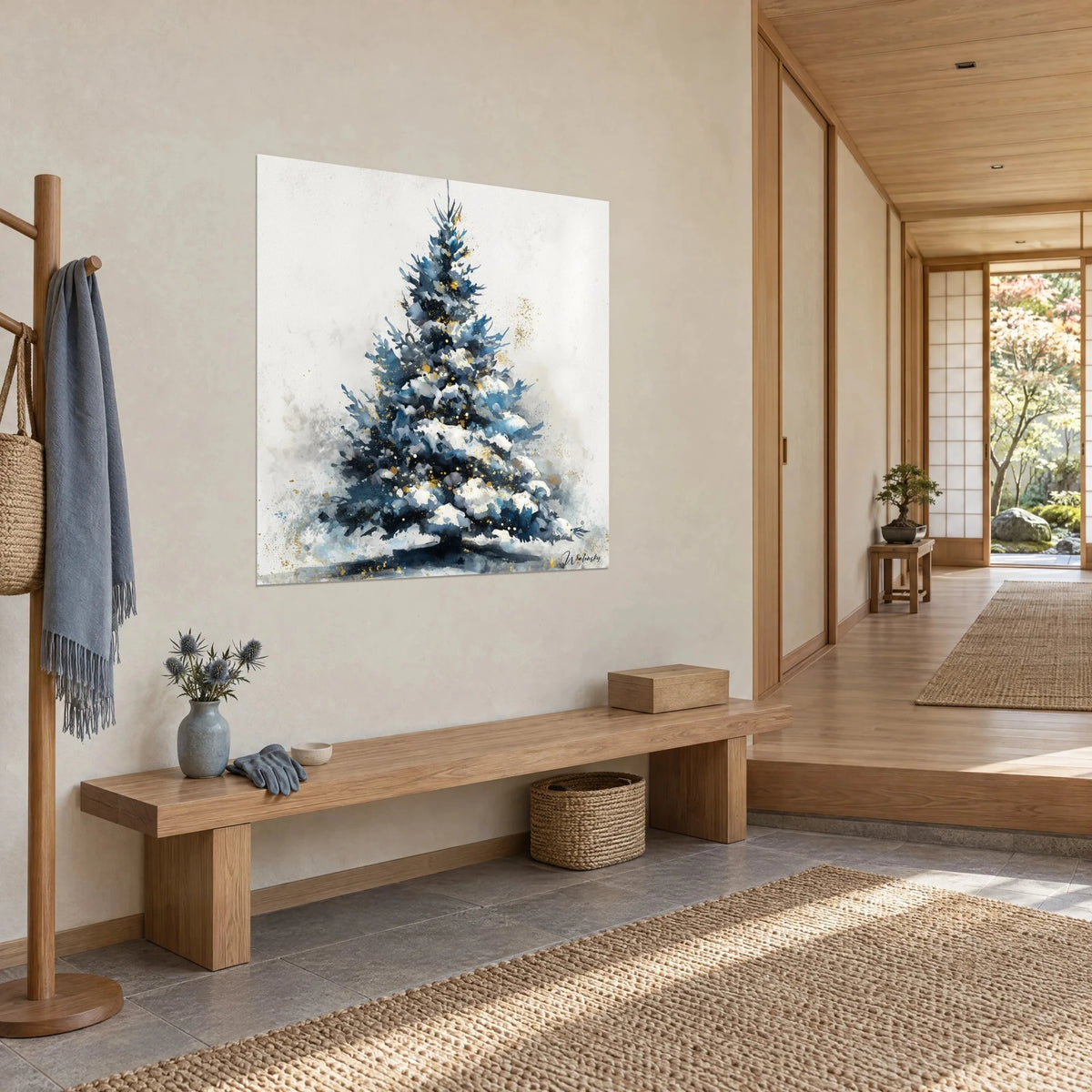 Wall art watercolor Christmas spruce, white snow on navy blue branches and gold sparkles, three-quarter view in a Japandi hallway