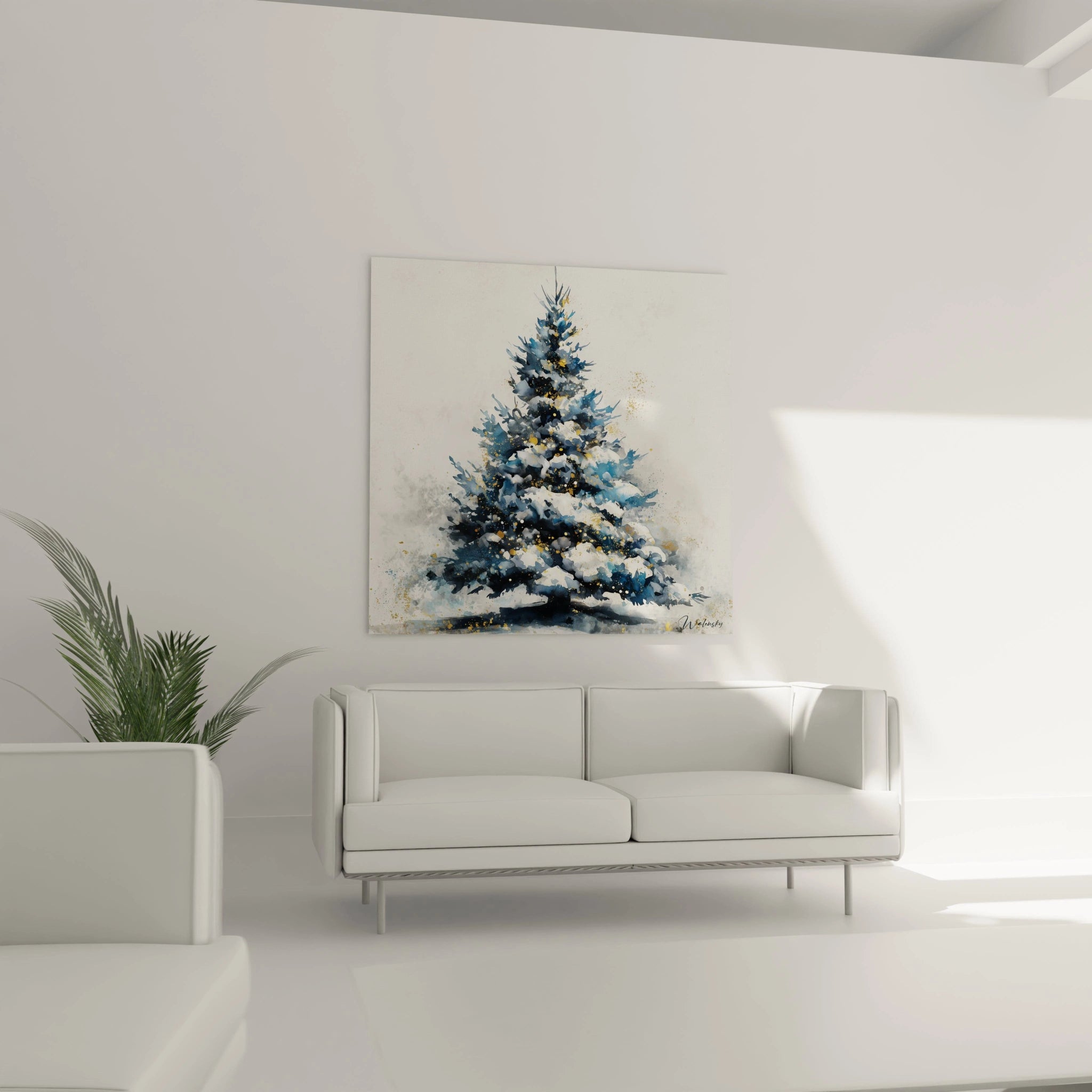 Tableau mural sapin de Noël peint avec des couleurs bleu et blanc pour décorer votre intérieur