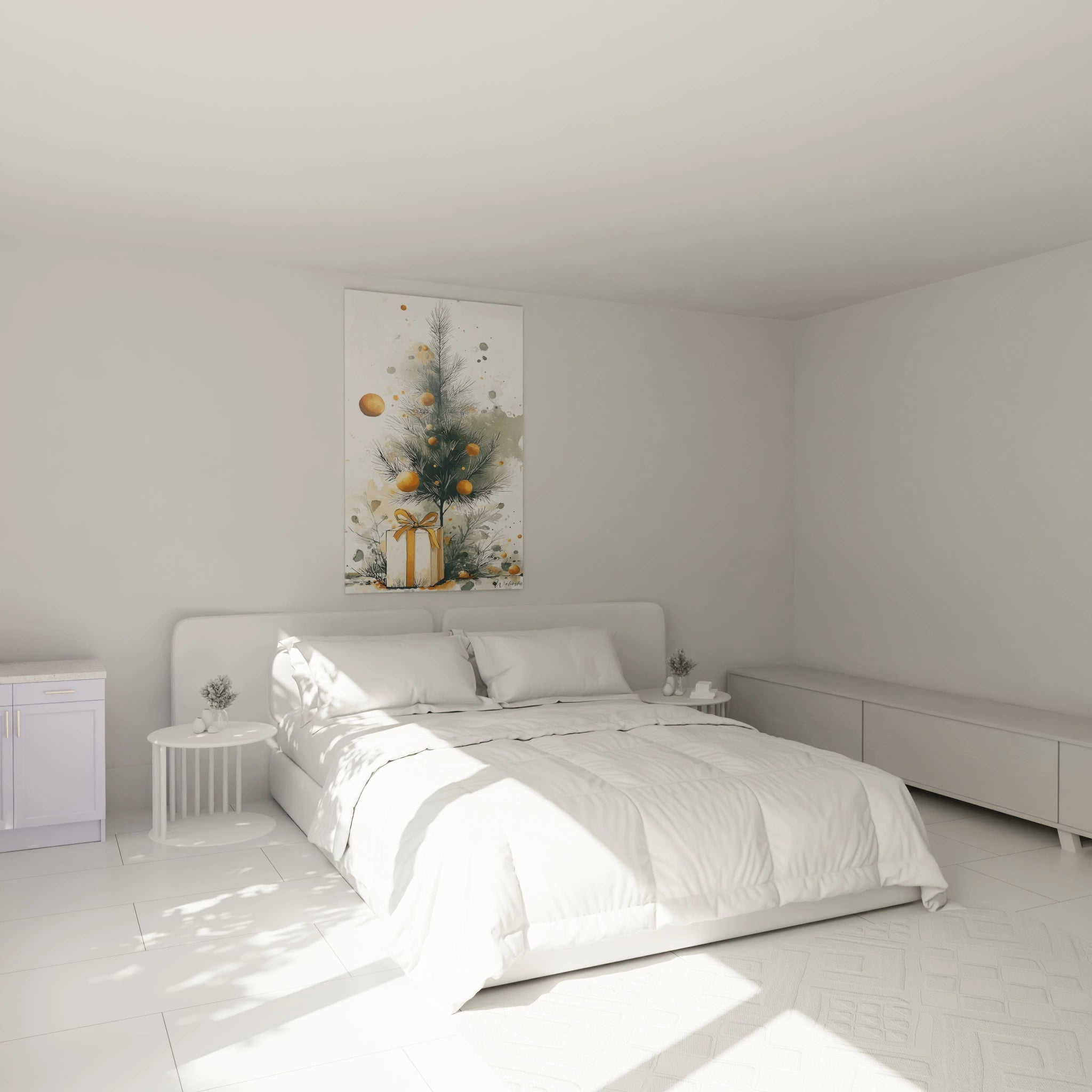 Tableau mural sapin de Noël moderne décorant une chambre lumineuse avec une ambiance contemporaine