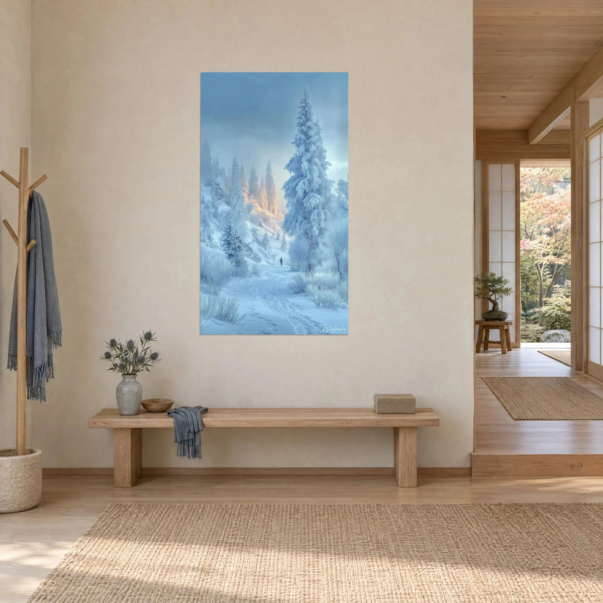 Cuadro bosque nevado con ramas empolvadas en azul pálido y marfil, sendero trazado en la nieve, entrada japandi