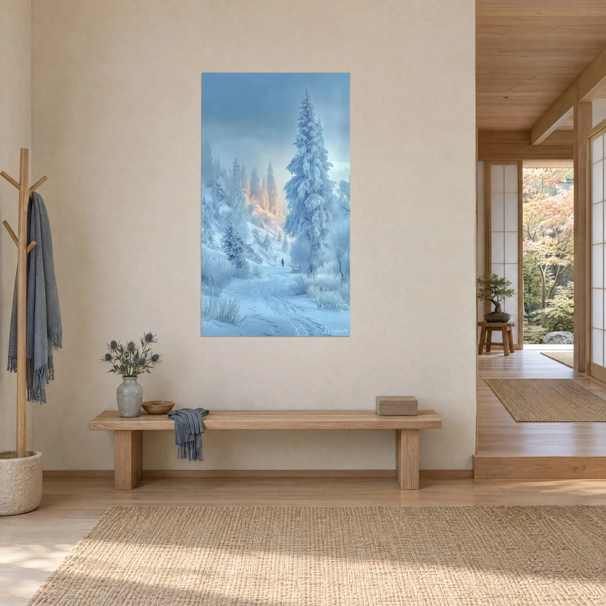 Schilderij besneeuwd bos met poederige takken in lichtblauw en ivoor, pad getekend in de sneeuw, japandi entree