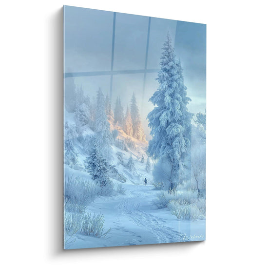 Walensky Wandgemälde Winterlandschaftstableau großes Format zeigt verschneiten Wald Pfad und Figur in der Ferne