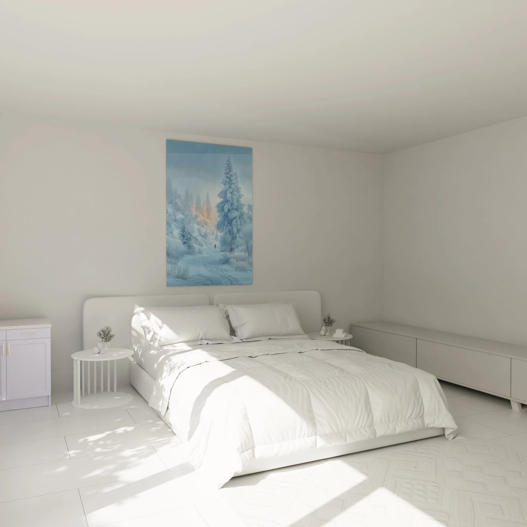 Tableau paysage hivernal Walensky accroché au dessus d'un lit dans une chambre blanche minimaliste