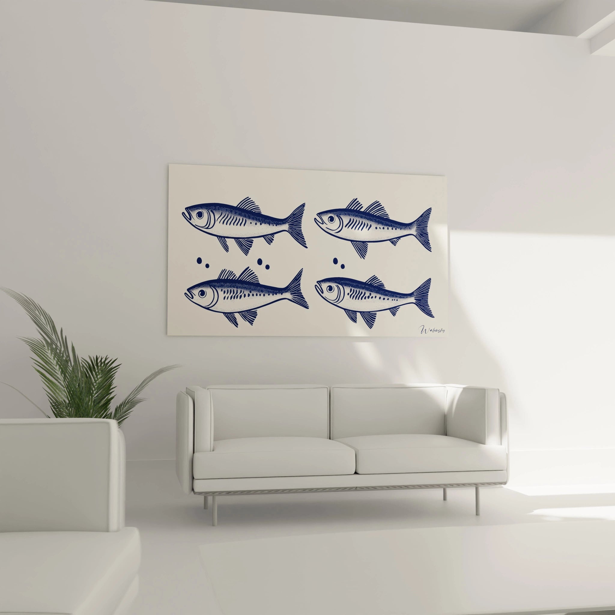 Un tableau maritime présentant quatre sardines bleu foncé dessinées avec précision anatomique. Style graphique épuré avec technique pointilliste sur fond beige doux, créant un contraste marqué entre les silhouettes des poissons et l'arrière-plan clair.
