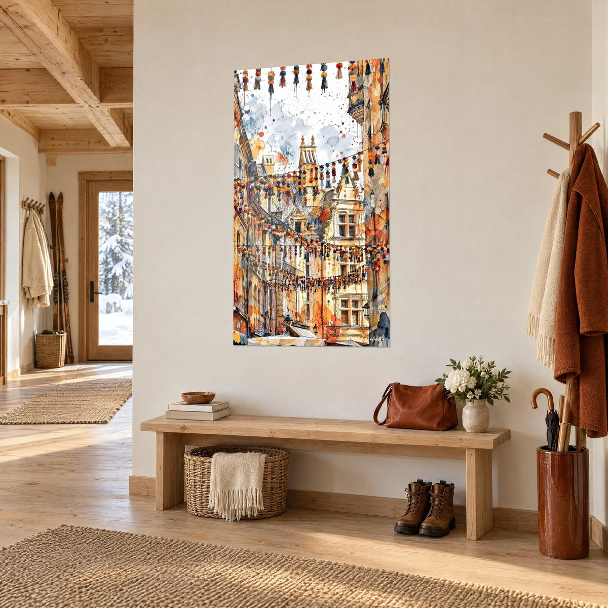 Wall art golden facades and hanging orange pompoms, splashed blue wash sky, three-quarter view in a wooden chalet entrance hall
