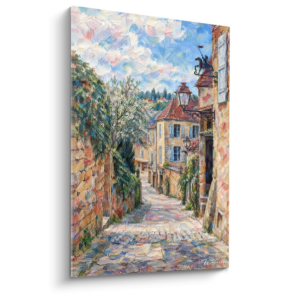 Tableau Ruelle pavée ocre et bleu toit roux - Flânerie matinale - Edition Sarlat-la-Canéda Nouvelle-Aquitaine France