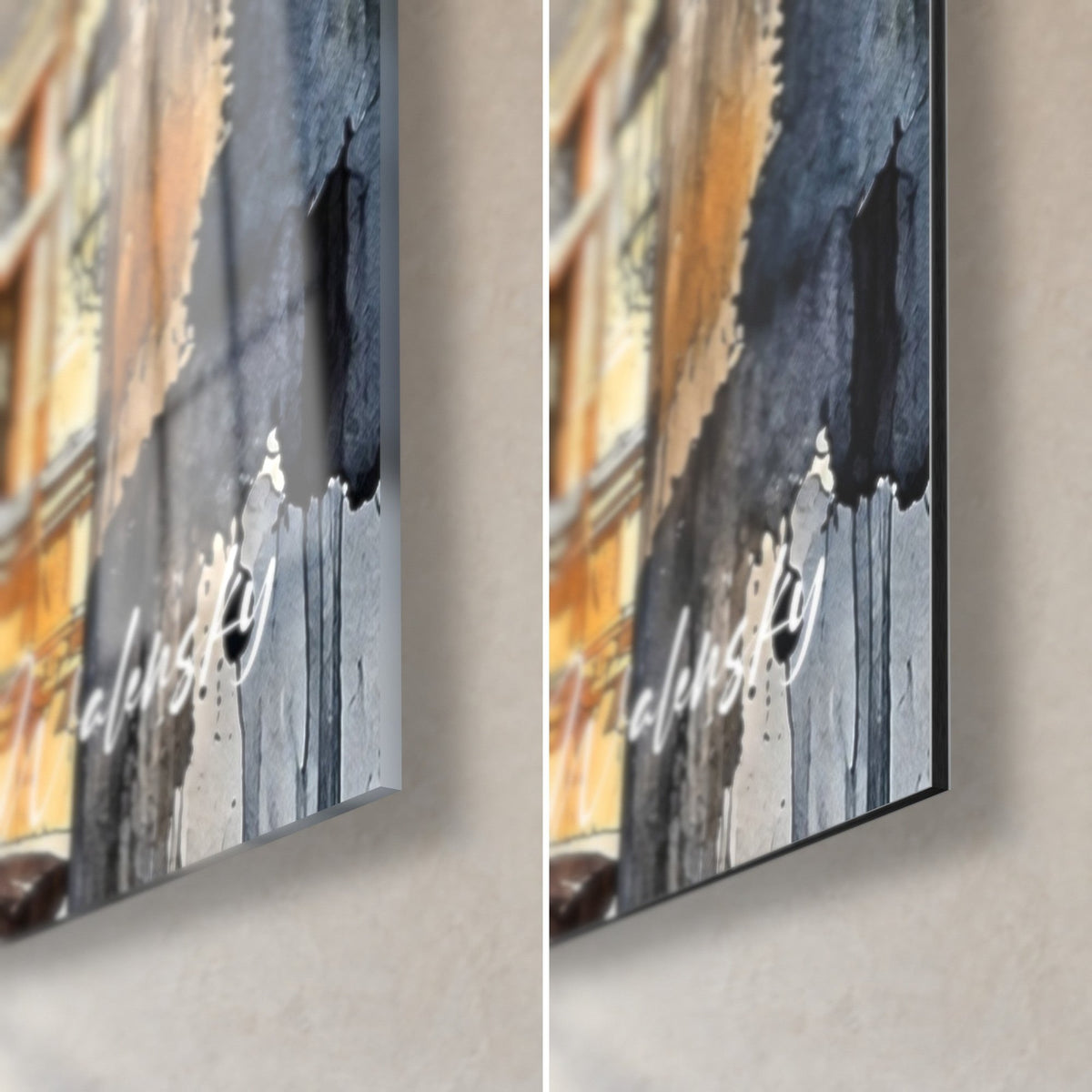Wall art festive street with orange and blue garlands, bottom right corner: glossy acrylic glass on the left, matte Dibond aluminium on the right, 3 mm edge