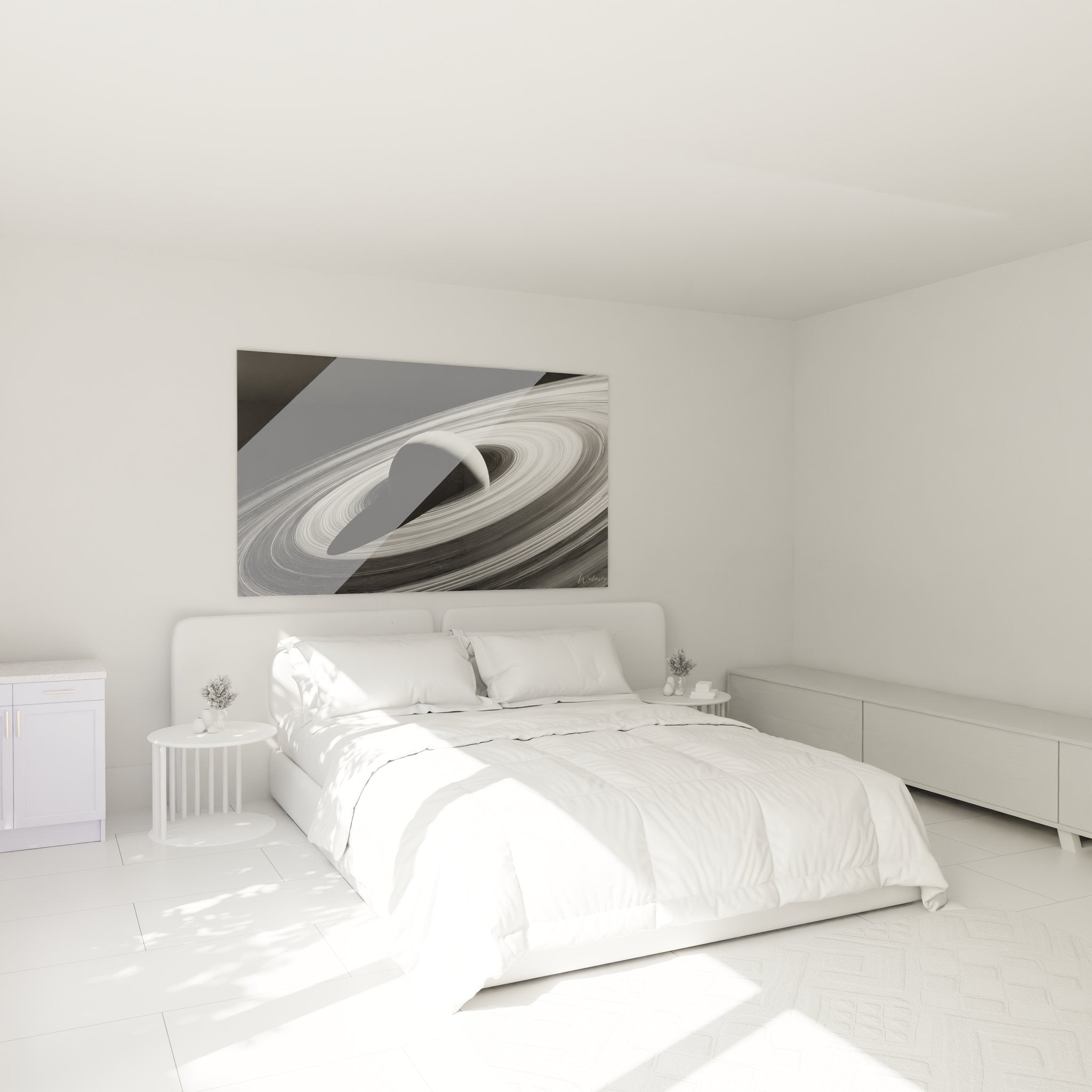 Ambiance chambre avec tableau Saturne anneaux planétaires décoration murale espace