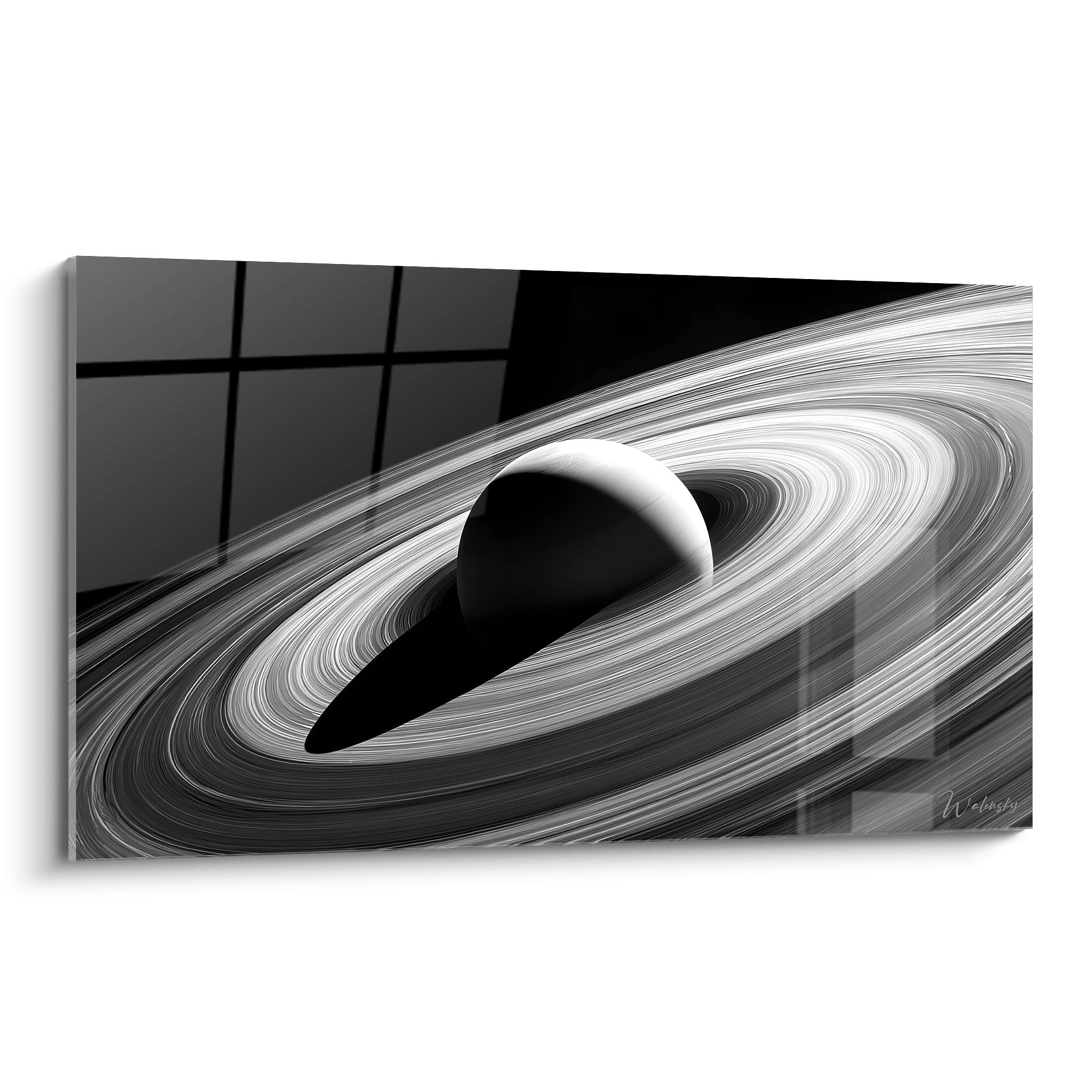 Tableau mural Saturne anneaux cosmiques noir blanc art spatial décoration moderne