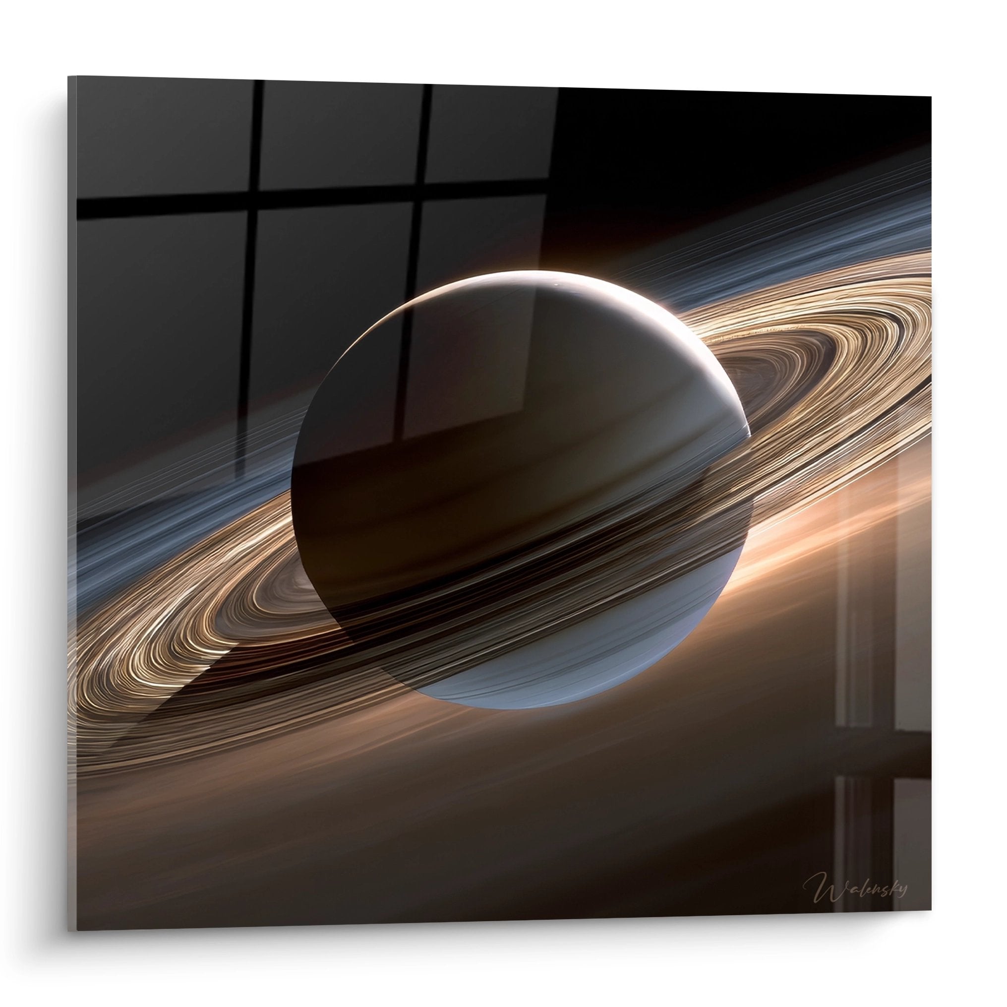 Tableau mural Saturne avec anneaux dorés illuminés dans l'espace cosmique - art spatial moderne