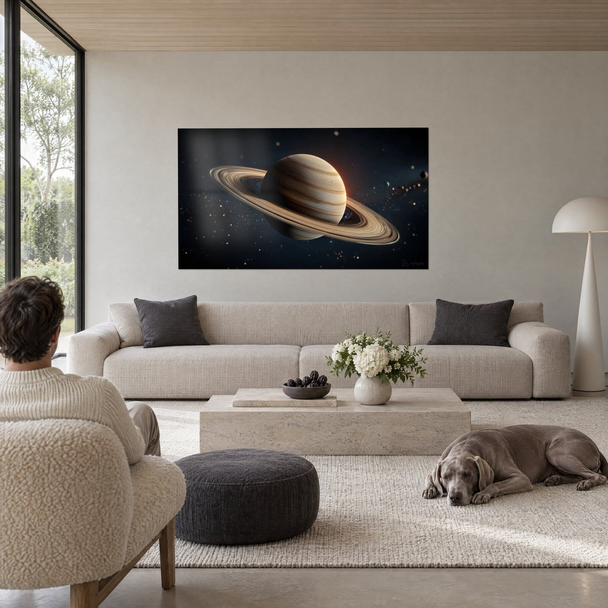Tableau Saturne et ses anneaux crème et ocre sur fond bleu nuit, deux personnes et un Weimaraner, au-dessus d'un canapé dans un salon lumineux