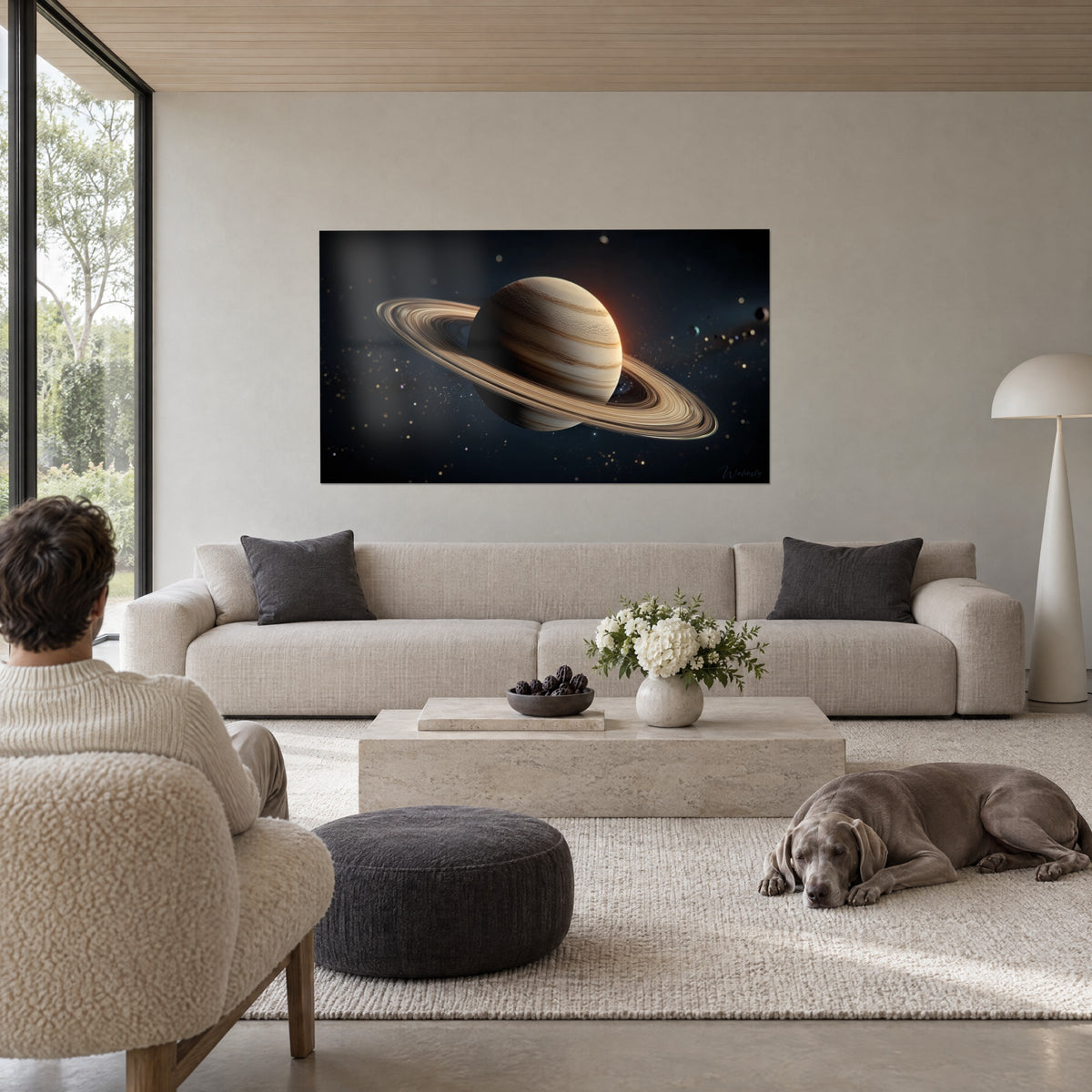 Wall art Saturn with cream and ochre rings on midnight blue background, two people and a Weimaraner above a sofa in a bright living room