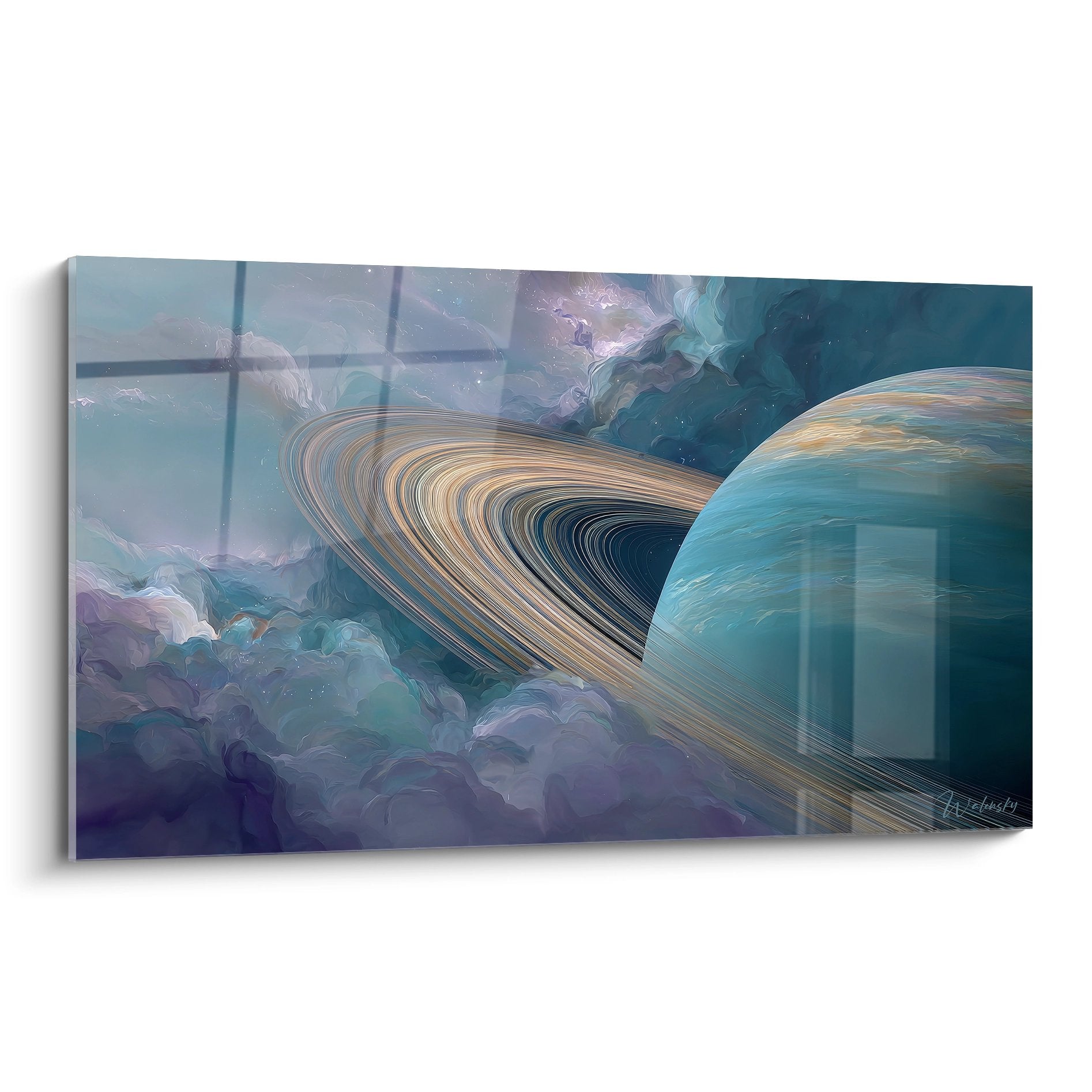 Tableau mural saturne cosmique avec anneaux dorés et nuages violets, art spatial moderne