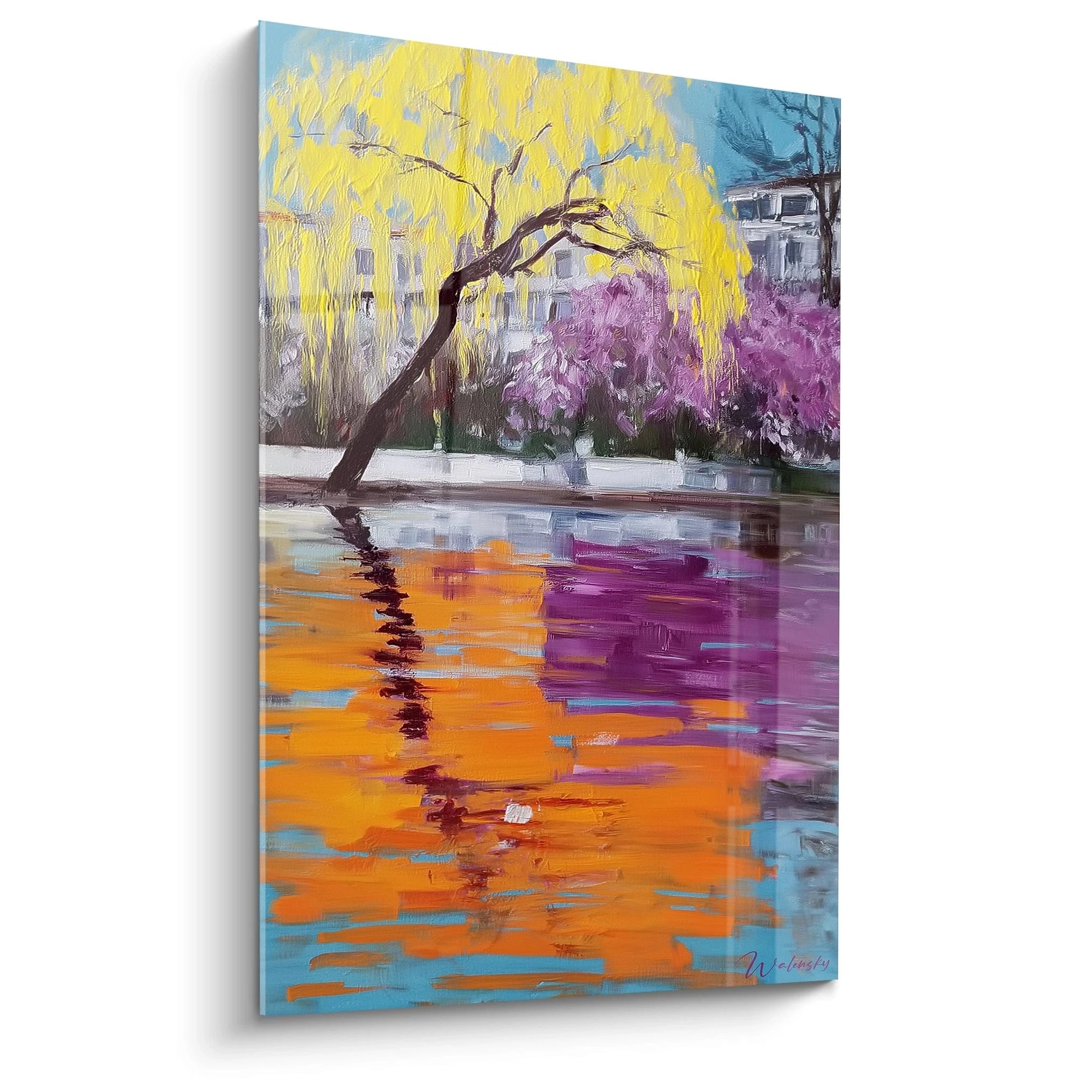 Walensky tableau impressionniste saule pleureur jaune en bord d'étang avec reflets orange et violets