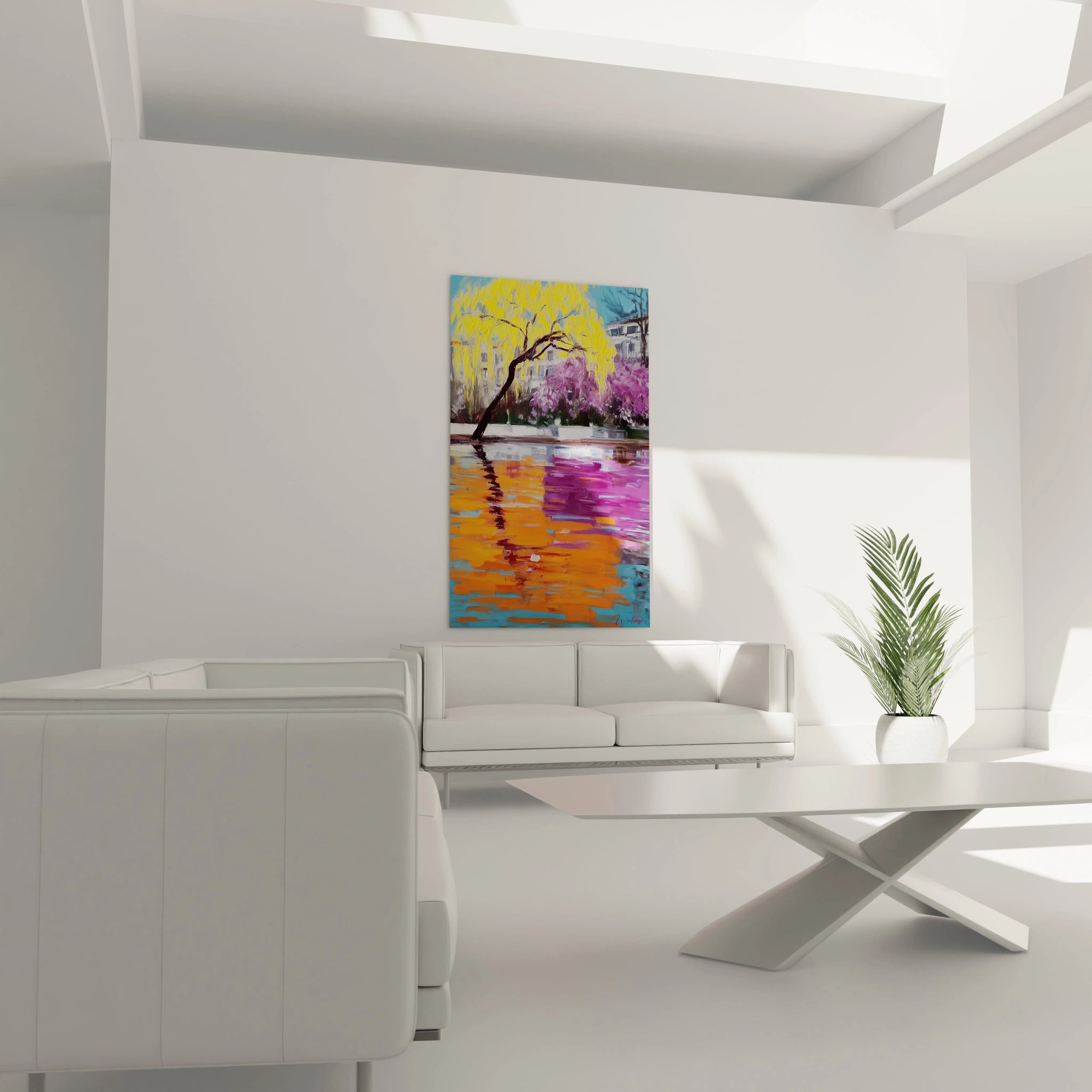 Tableau mural Walensky représentant un paysage coloré, tableau impressionniste saule pleureur au dessus de un canapé blanc moderne