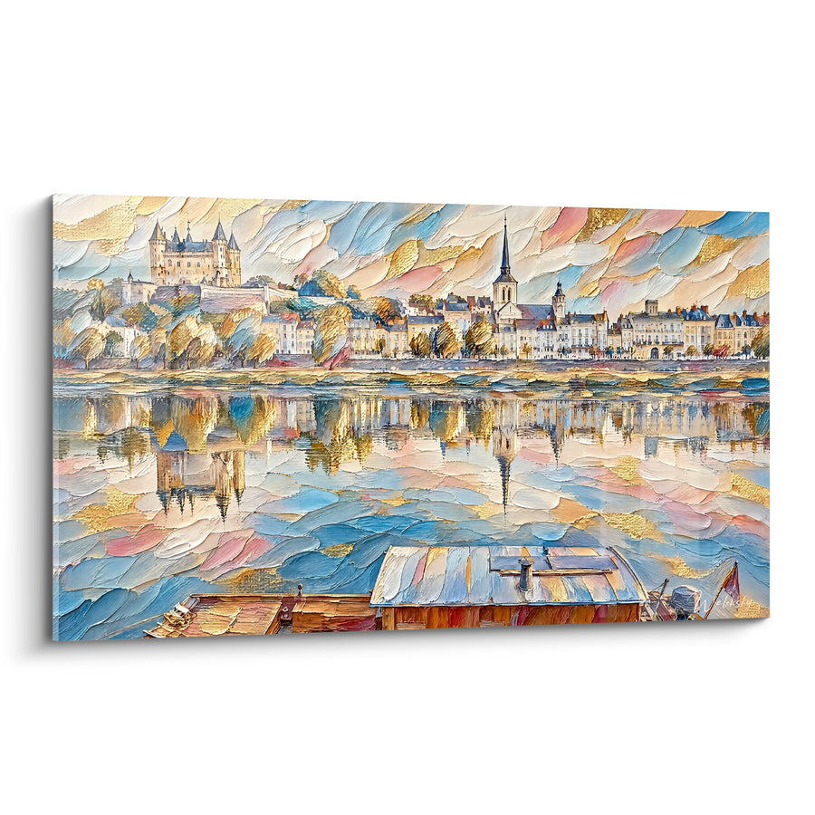 Tableau Château doré et reflets bleus sur la Loire - Reflets du matin - Edition Saumur Pays de la Loire France