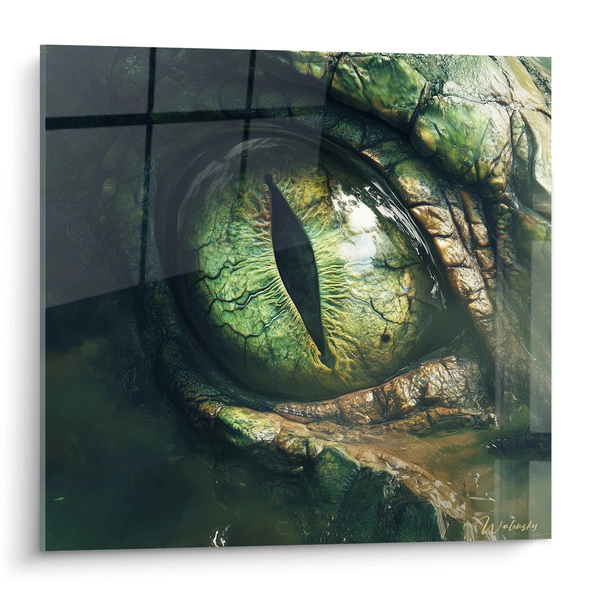 Tableau Walensky représentant un œil d'animal reptilien vert avec détails réalistes et texture rugueuse