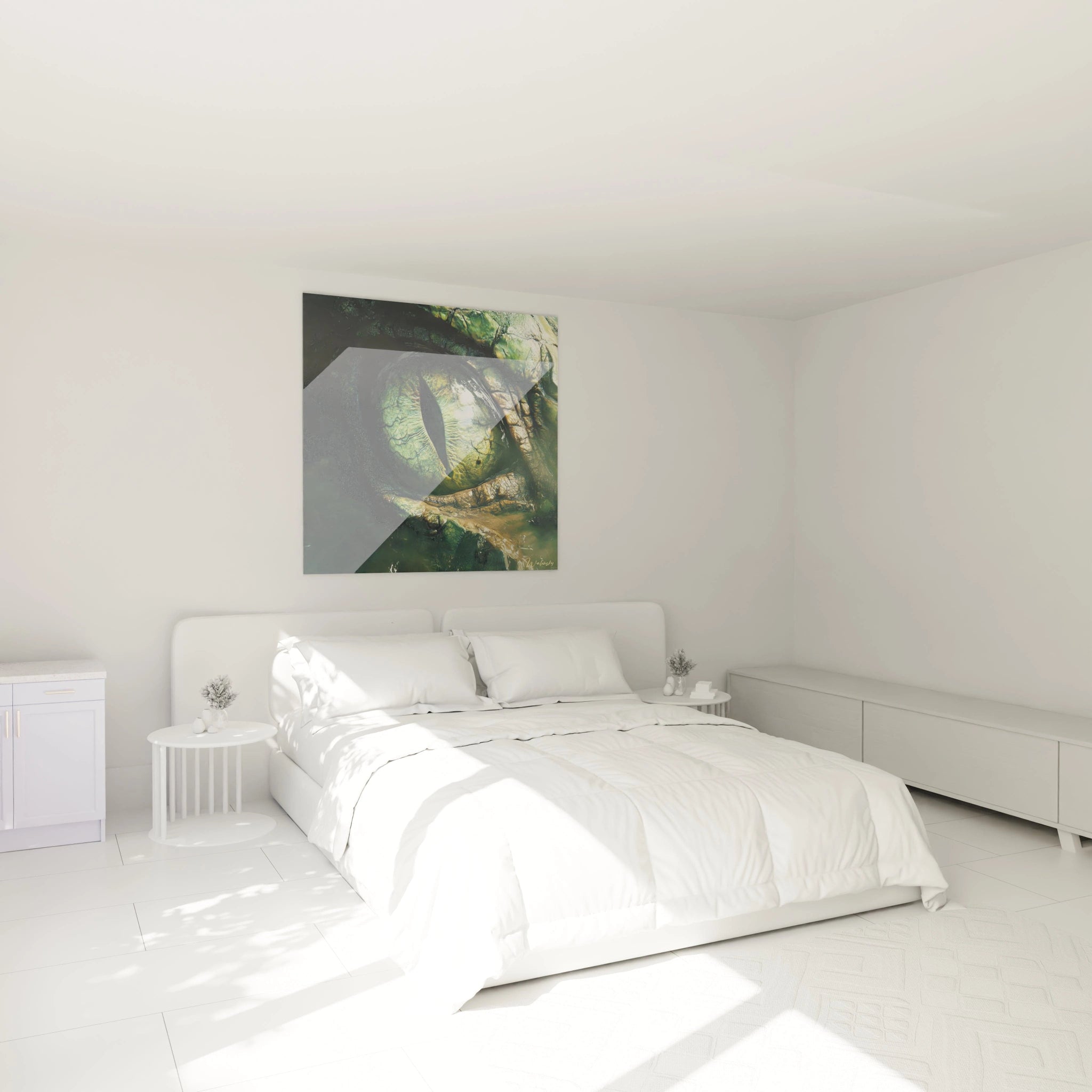Tableau œil d'animal Walensky vert accroché au mur d'une chambre blanche moderne avec lit double