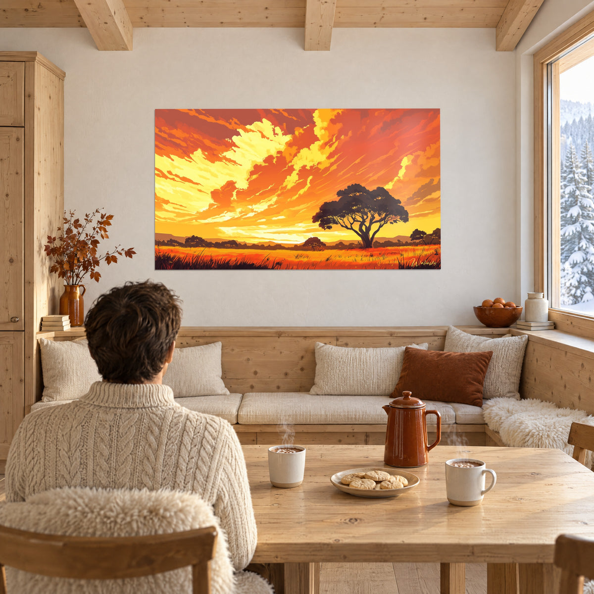 Quadro paesaggio di boscaglia infuocata, cielo ocra e giallo vivo, di fronte a un tavolo in legno con tazze fumanti in uno chalet