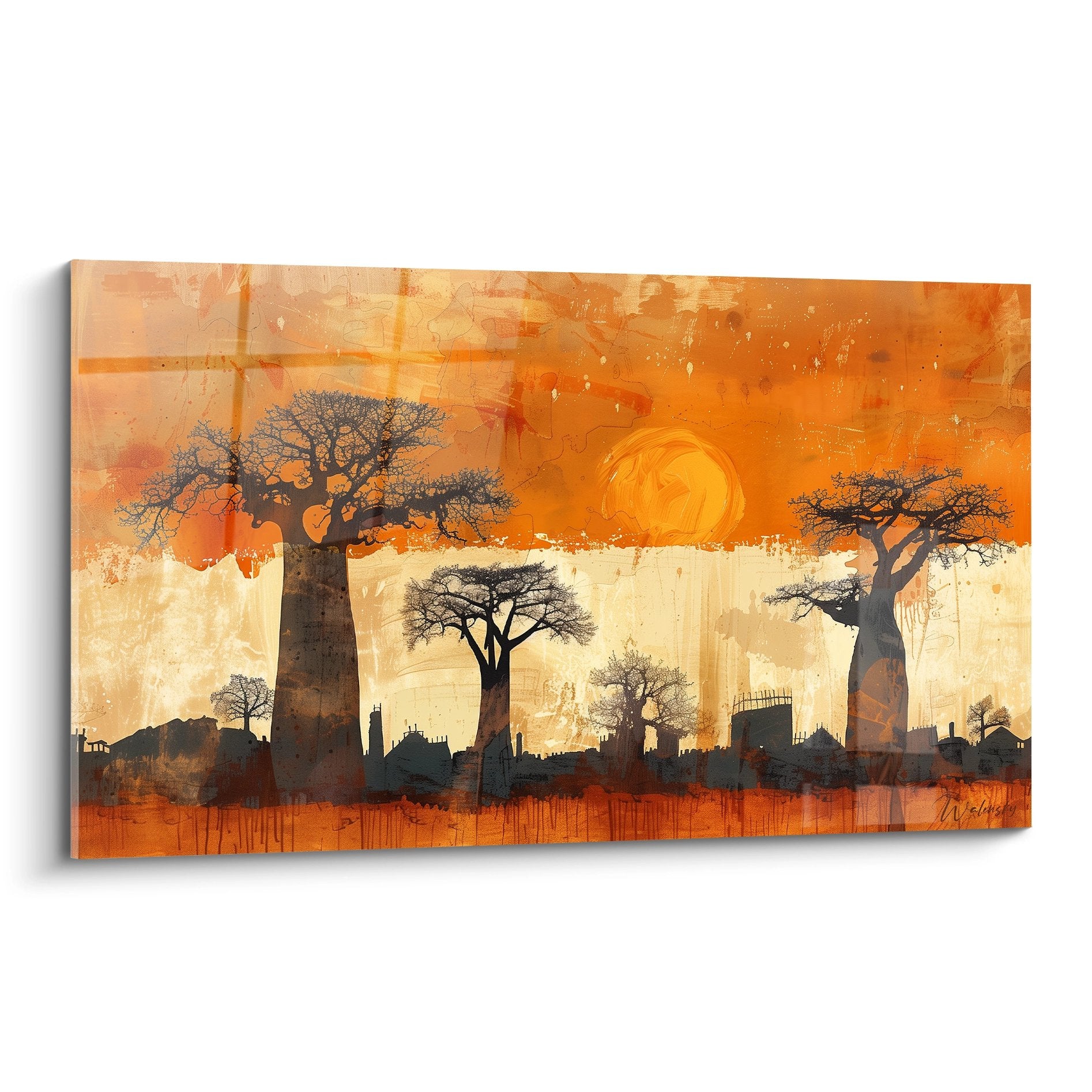 Tableau paysage africain tons orangés baobabs silhouettes noires coucher soleil doré savane