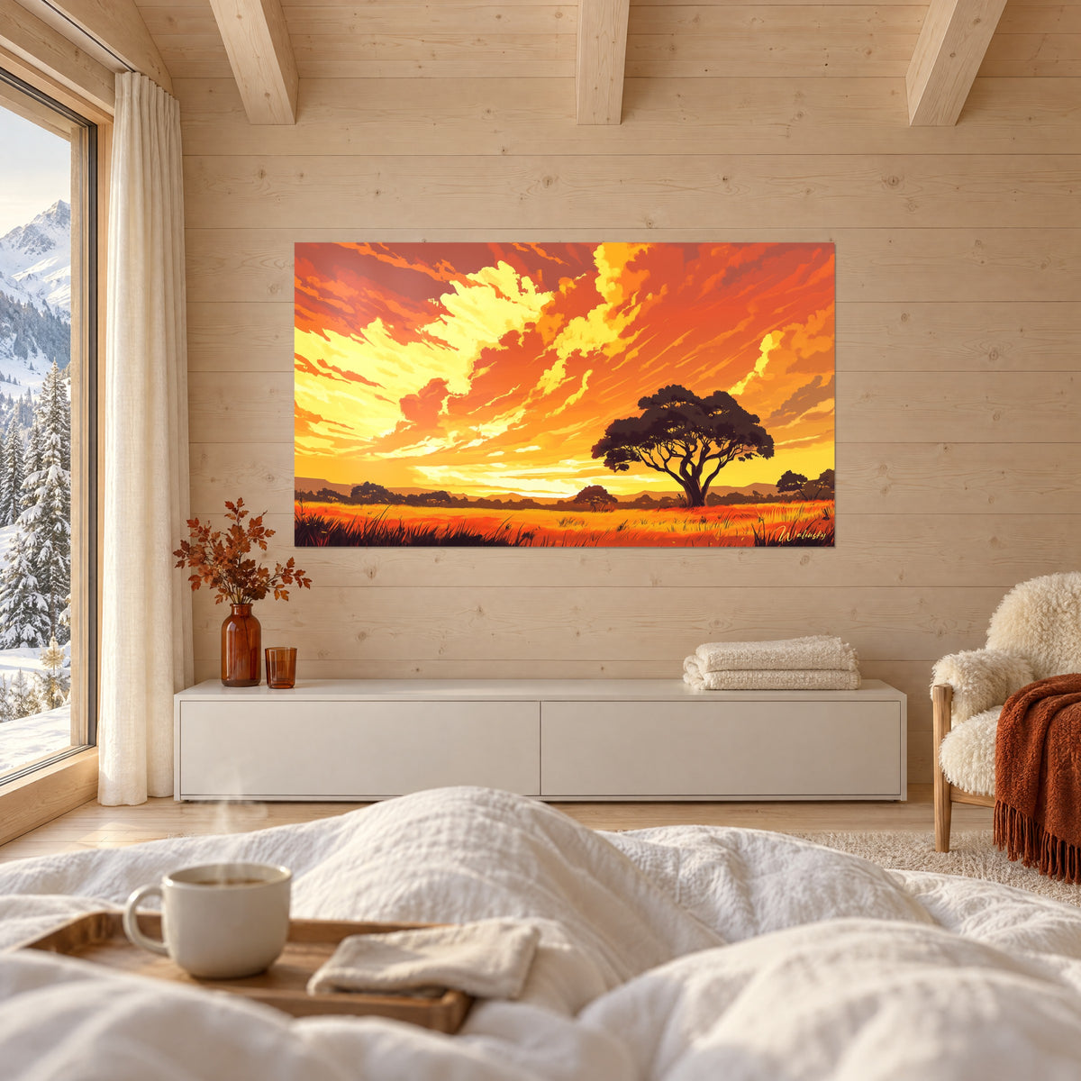 Quadro tramonto africano con nuvole giallo limone e arancio bruciato, sopra un letto in una camera luminosa
