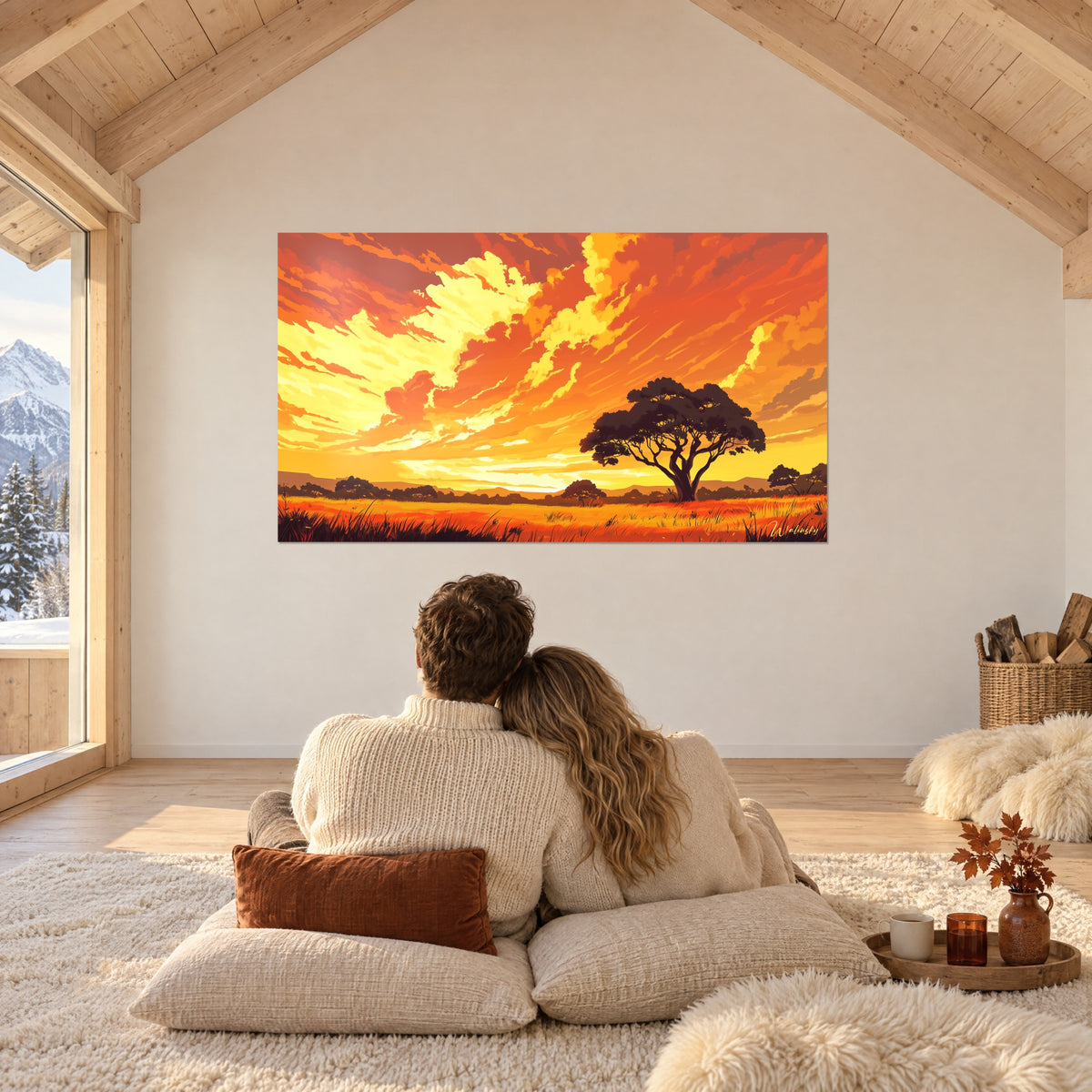 Quadro cielo di fuoco sulla savana, nuvole giallo sole e arancioni, davanti a una coppia abbracciata su cuscini a terra